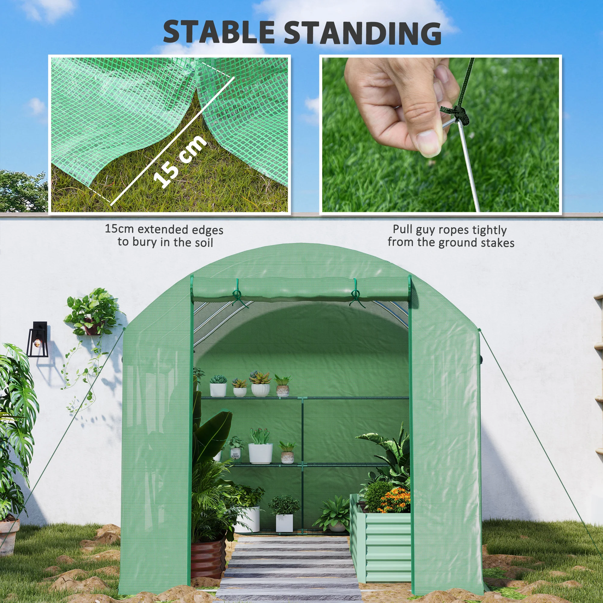 Outsunny Polytunnel Greenhouse with 3 Roll-up Doors, Green - Image 8