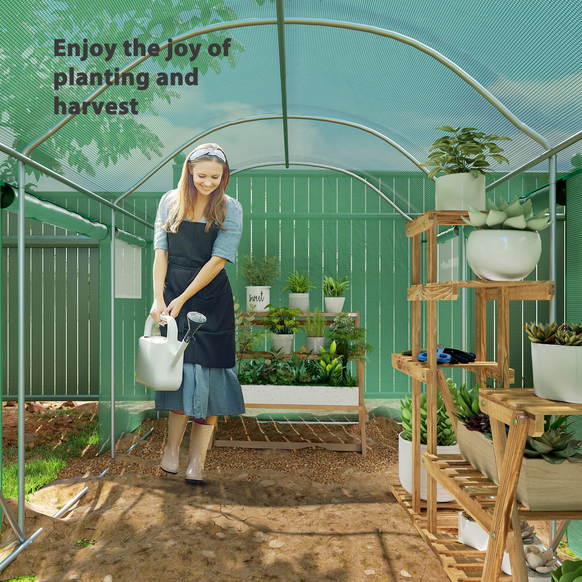 Outsunny Polytunnel Greenhouse with 3 Roll-up Doors, Green - Image 9