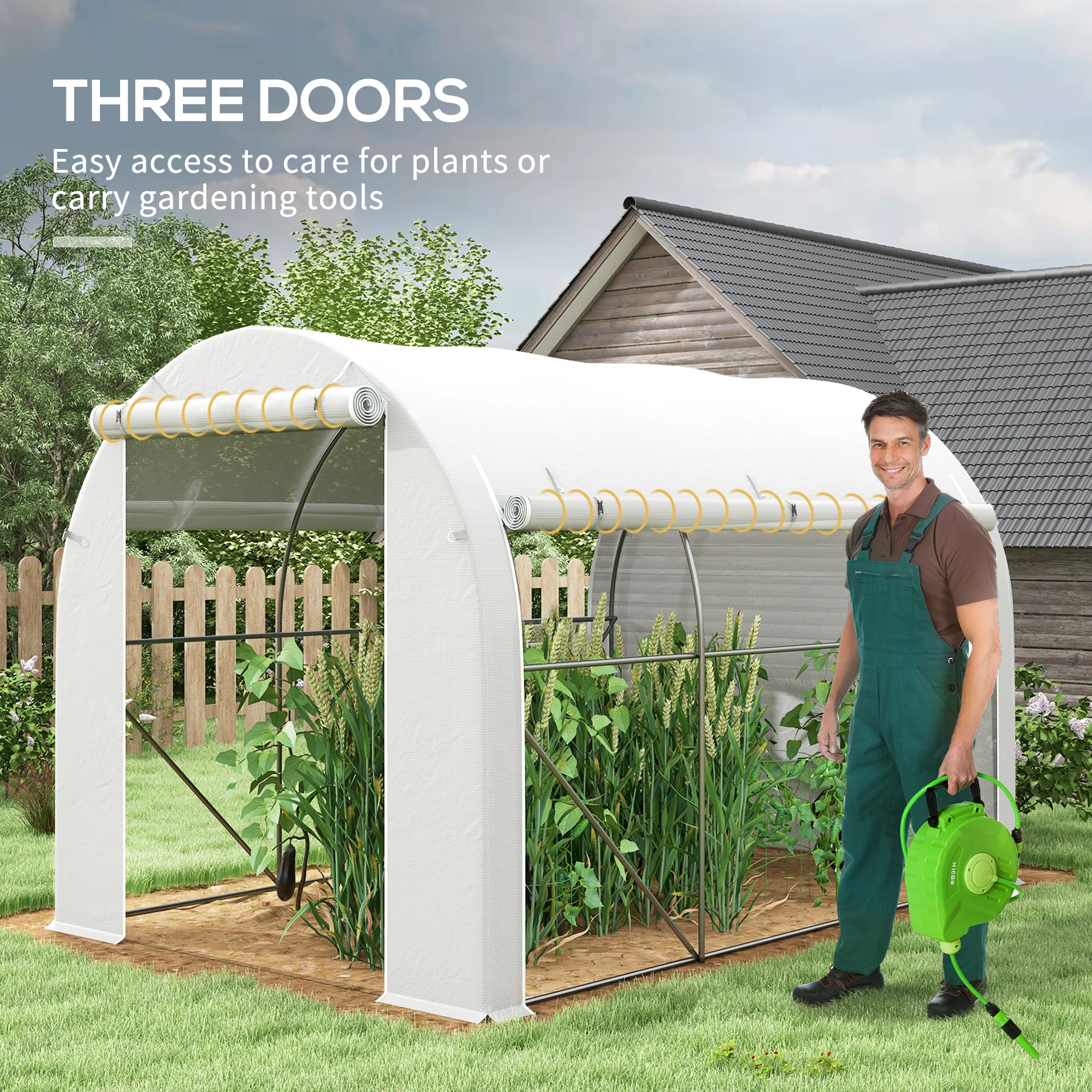 Outsunny Polytunnel Greenhouse with PE Cover, Galvanised Steel Frame, White - Image 4