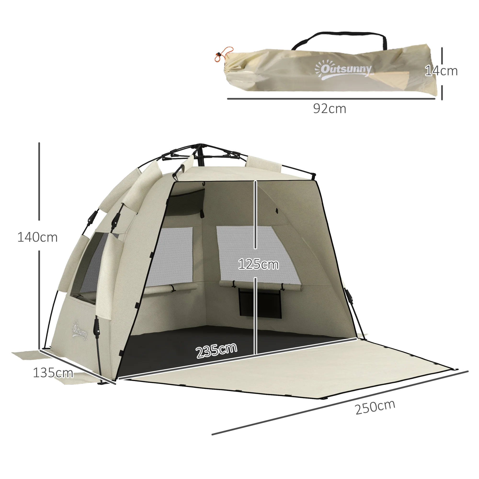 Outsunny Pop Up Beach Tent For 2-3 Person With Carry Bag, UPF15+, Khaki - Image 5