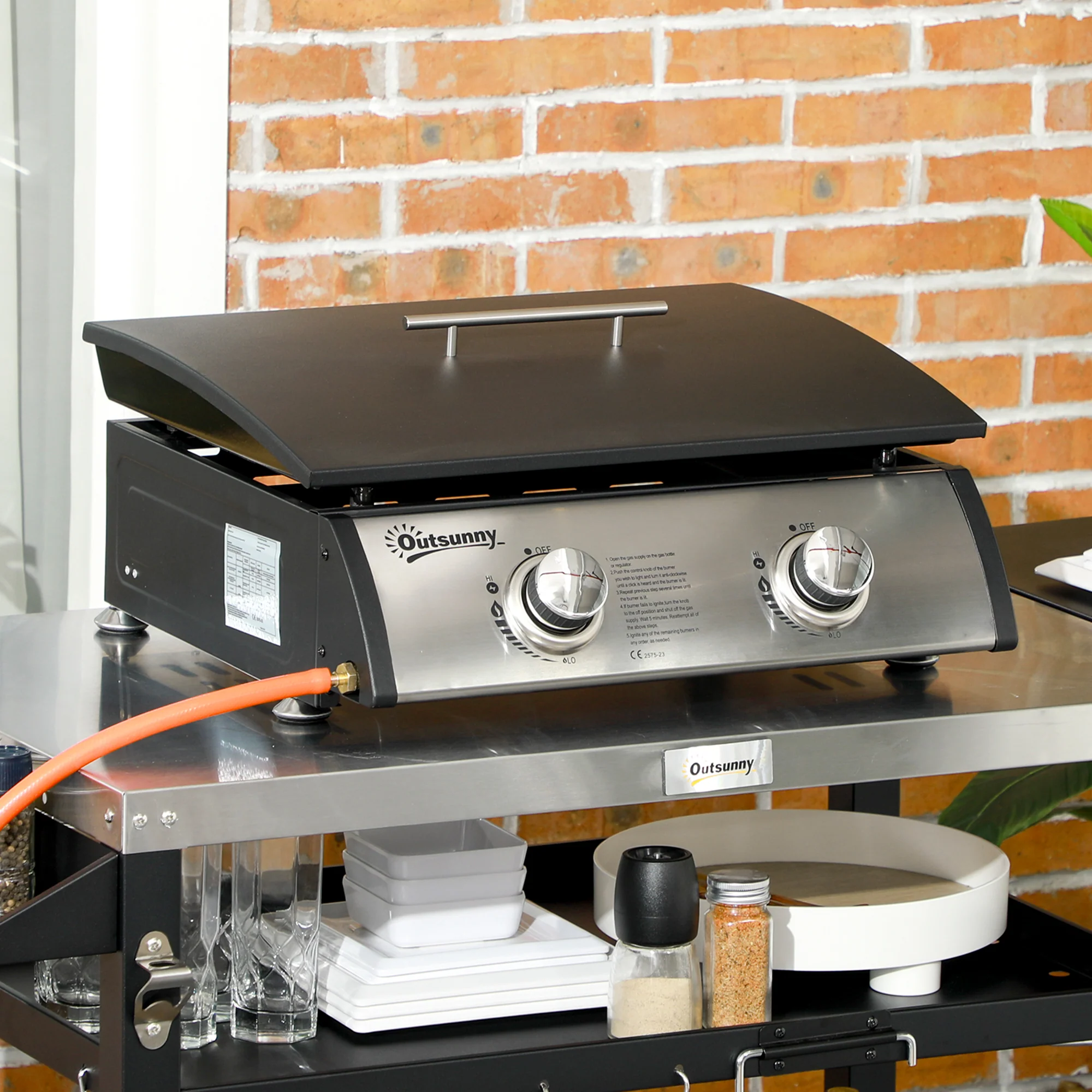 Outsunny Portable Gas Plancha BBQ Grill with 2 Stainless Steel Burner, 10kW - Image 2