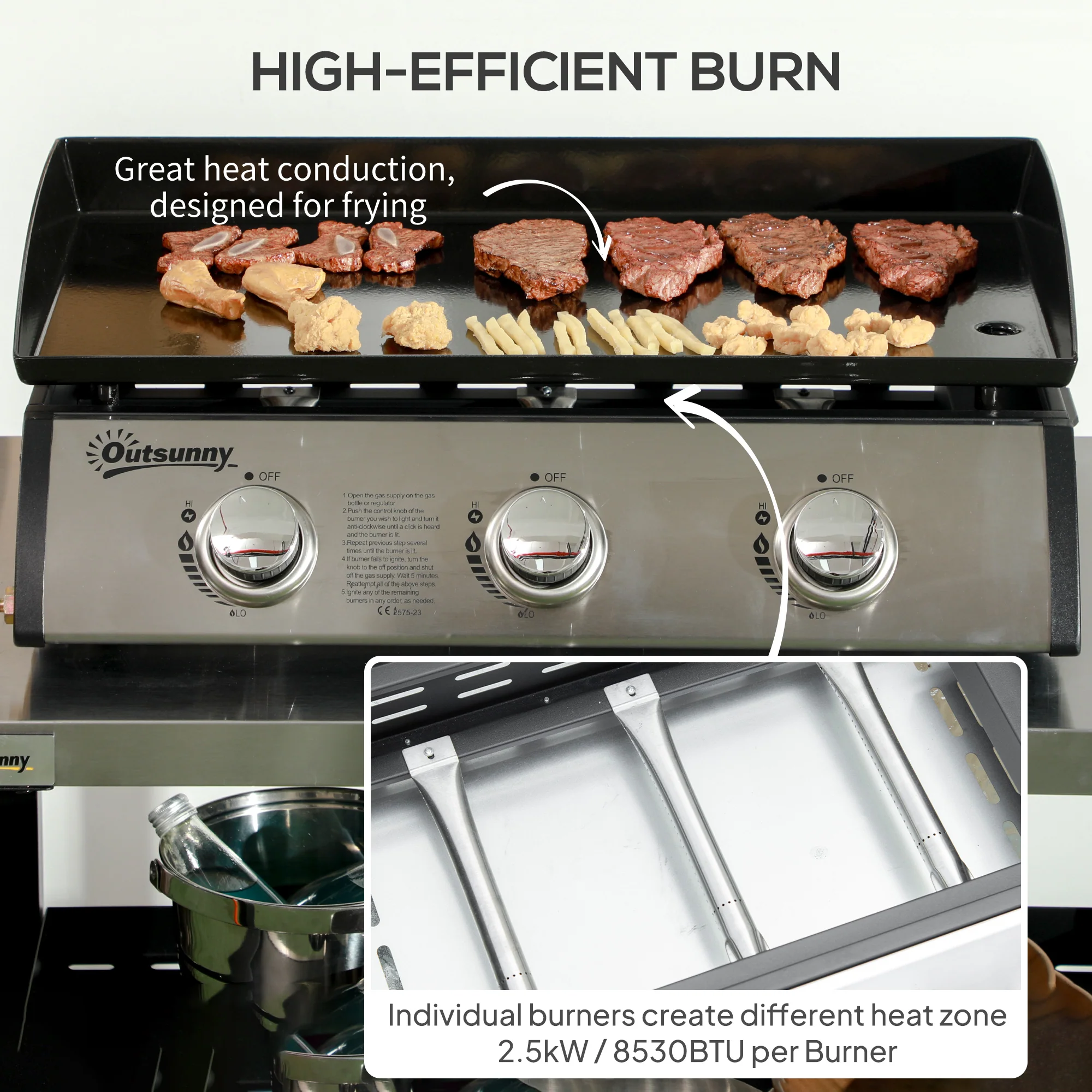 Outsunny Portable Gas Plancha BBQ Grill with 3 Burners, Non-Stick Griddle, Lid - Image 3