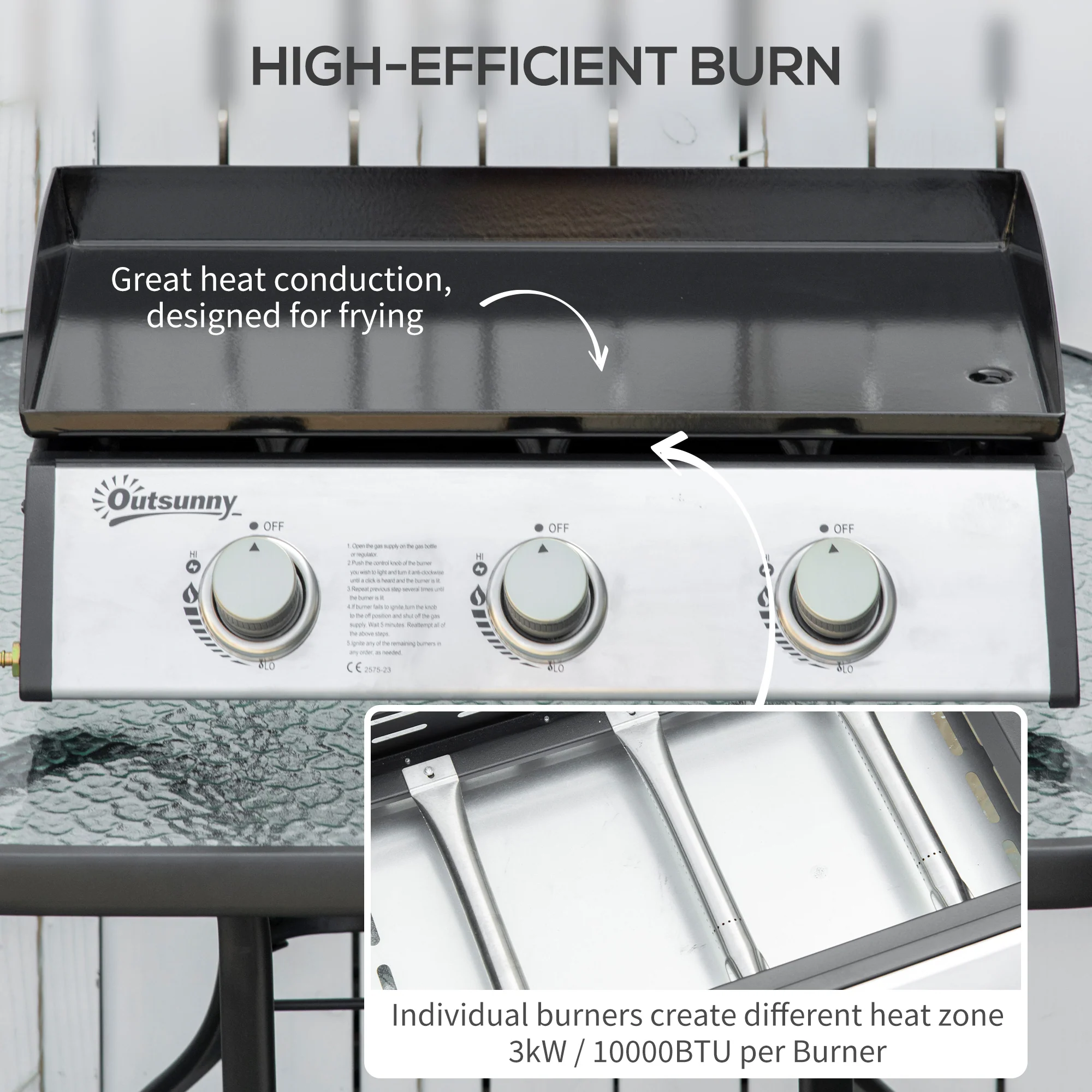 Outsunny Gas Plancha BBQ Grill with 3 Stainless Steel Burner, 9kW - Image 3