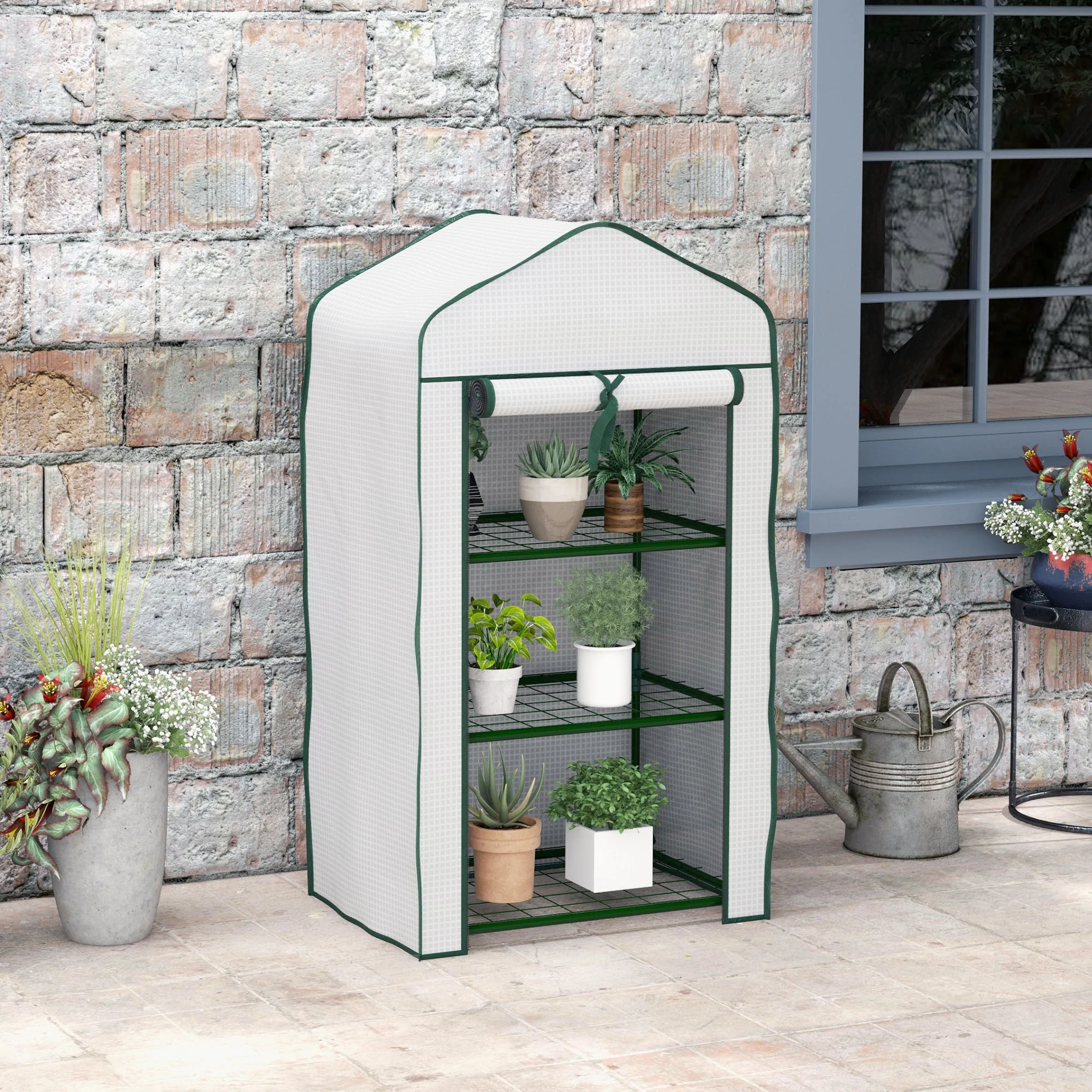 Outsunny Portable Mini Greenhouse with Roll-up Door and Wire Shelves, White - Image 2