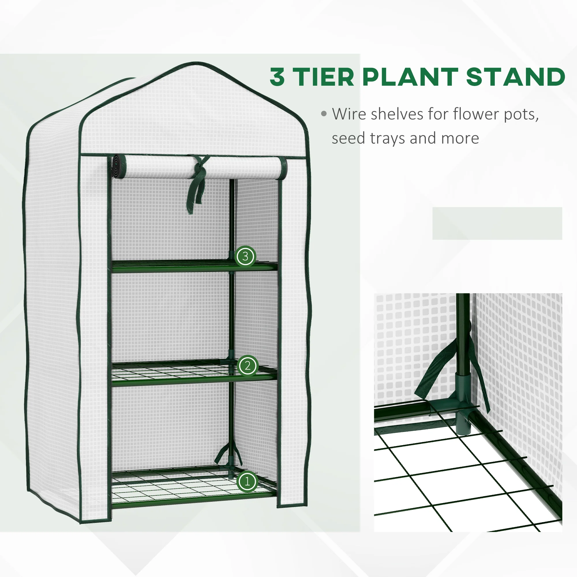 Outsunny Portable Mini Greenhouse with Roll-up Door and Wire Shelves, White - Image 4