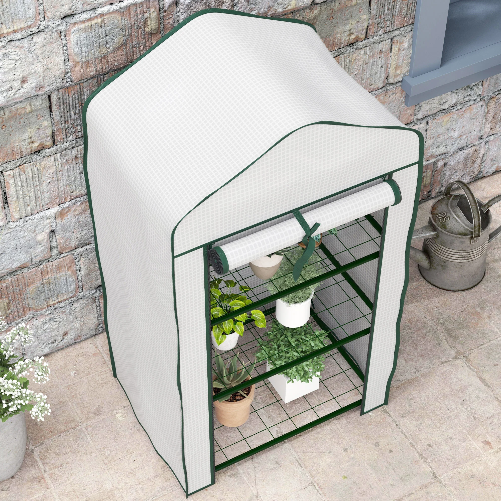 Outsunny Portable Mini Greenhouse with Roll-up Door and Wire Shelves, White - Image 8