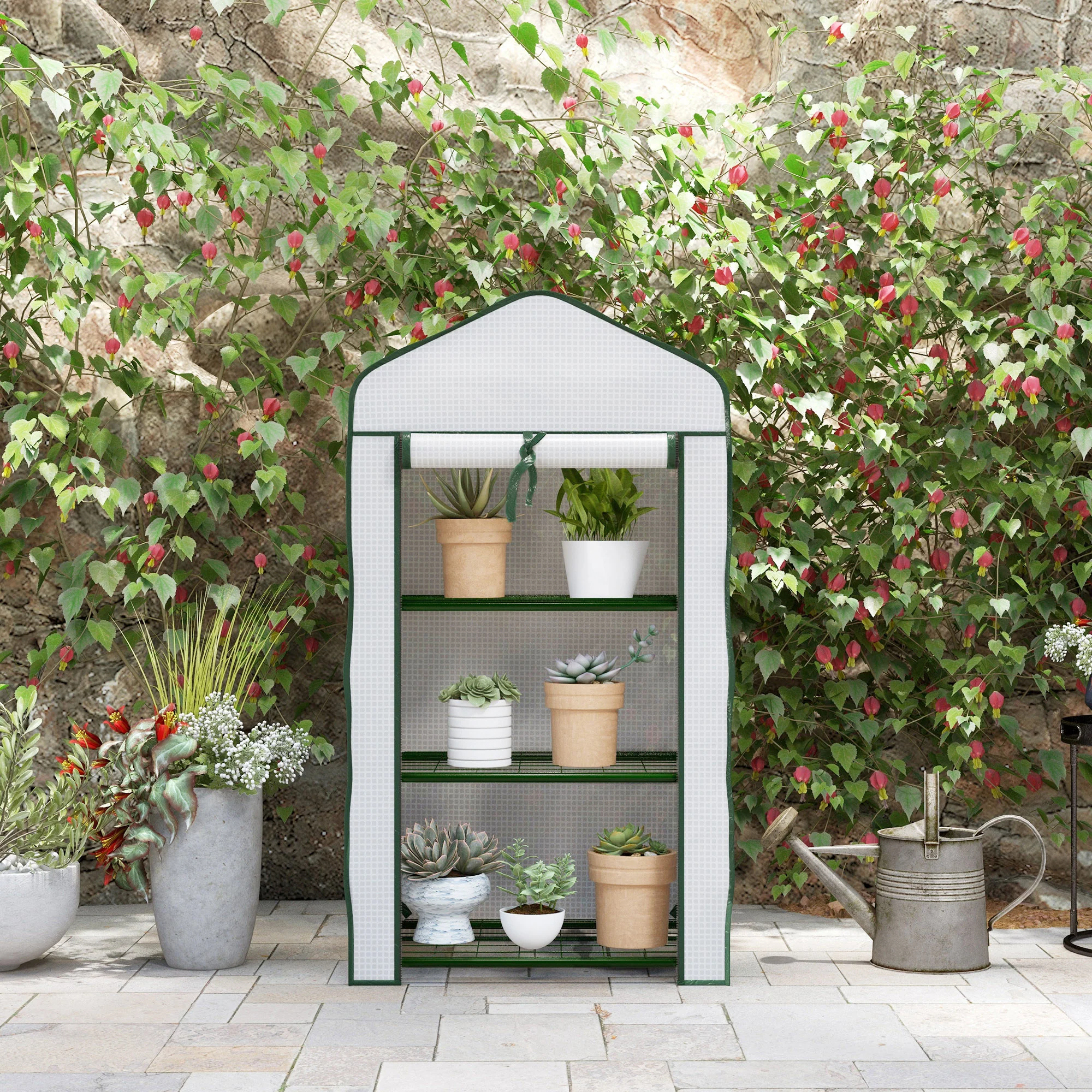 Outsunny Portable Mini Greenhouse with Roll-up Door and Wire Shelves, White - Image 9