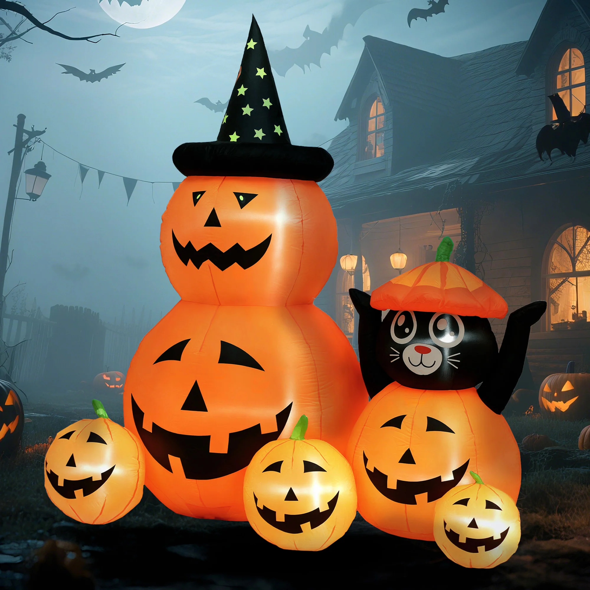 Outsunny Pumpkin and Cat with LED Lights, Halloween Inflatables Decoration - Image 2