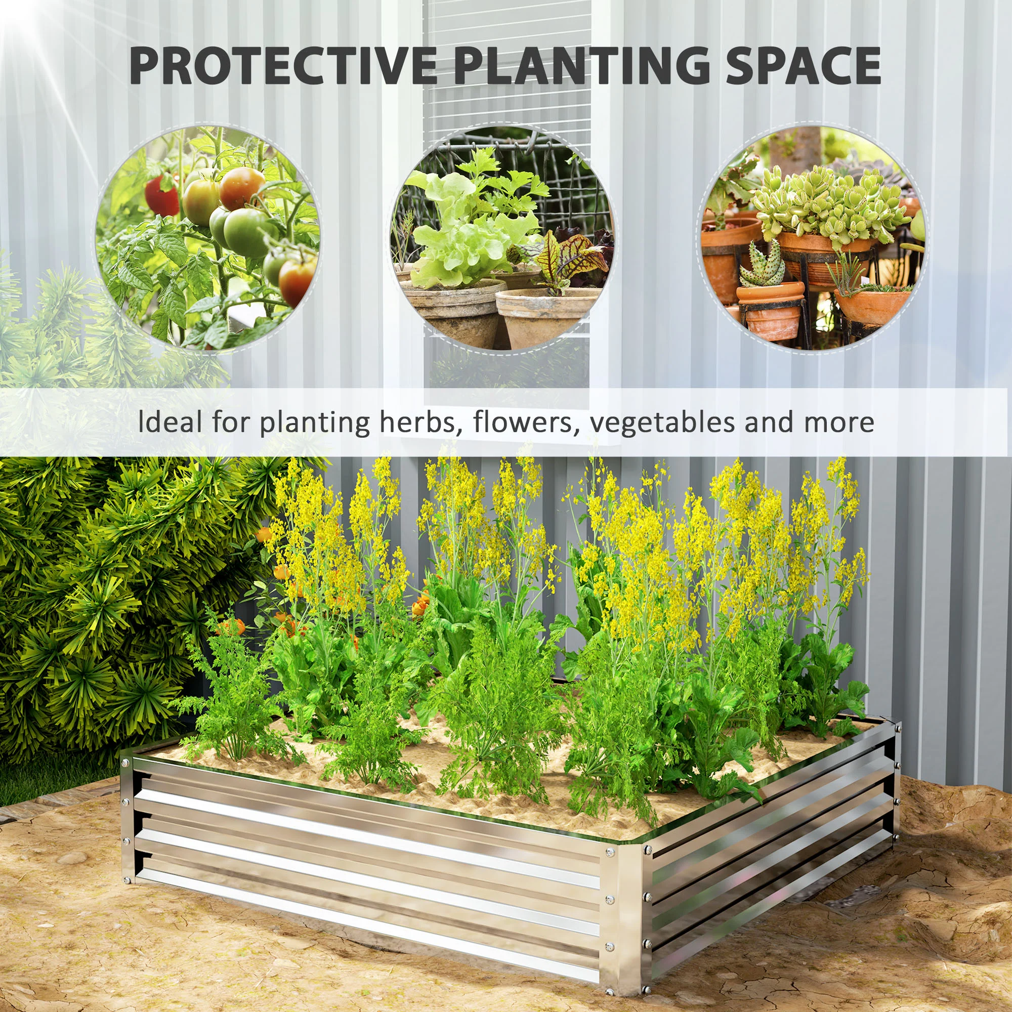Outsunny Raised Garden Bed Metal Patio Backyard Flower Planter, Silver Tone - Image 3