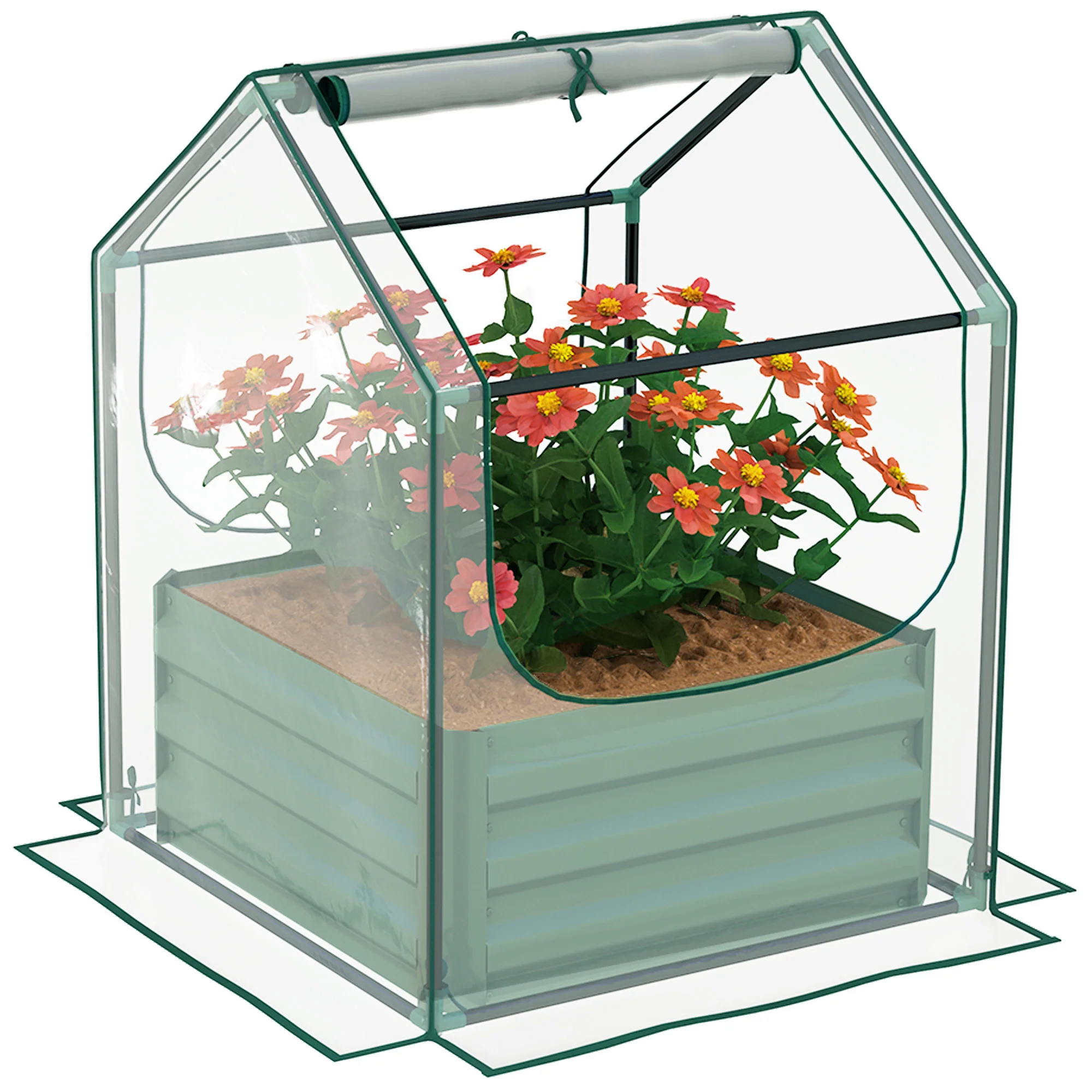 Outsunny Raised Garden Bed Planter Box with Greenhouse, Clear and Green