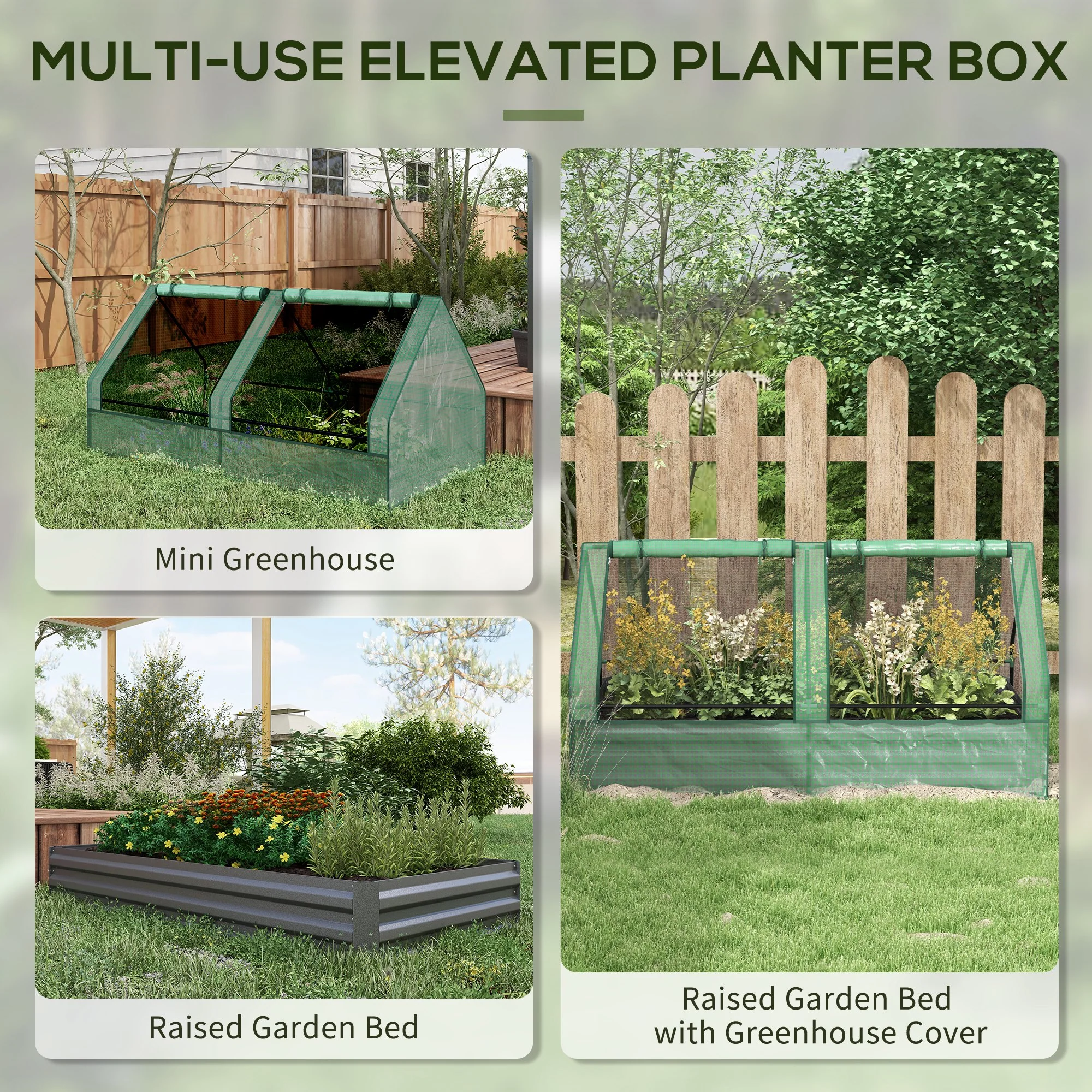 Outsunny Raised Garden Bed Planter Box with Greenhouse, Green and Dark Grey - Image 3