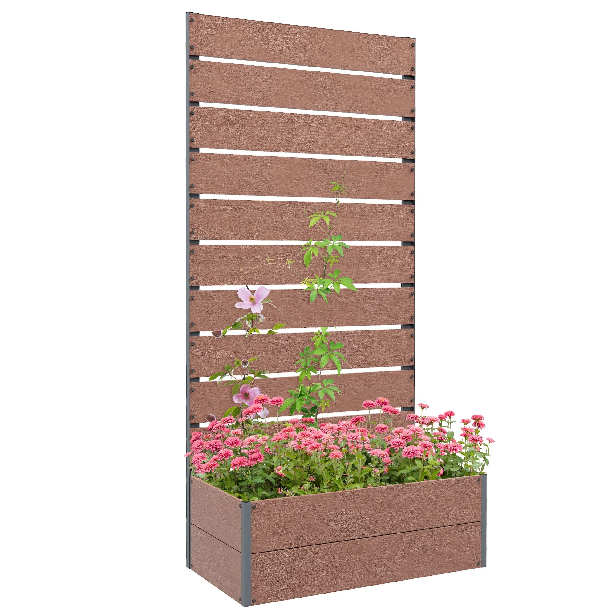 Outsunny Raised Garden Bed With Trellis And Drainage Hole, Planter Box - Brown/Grey