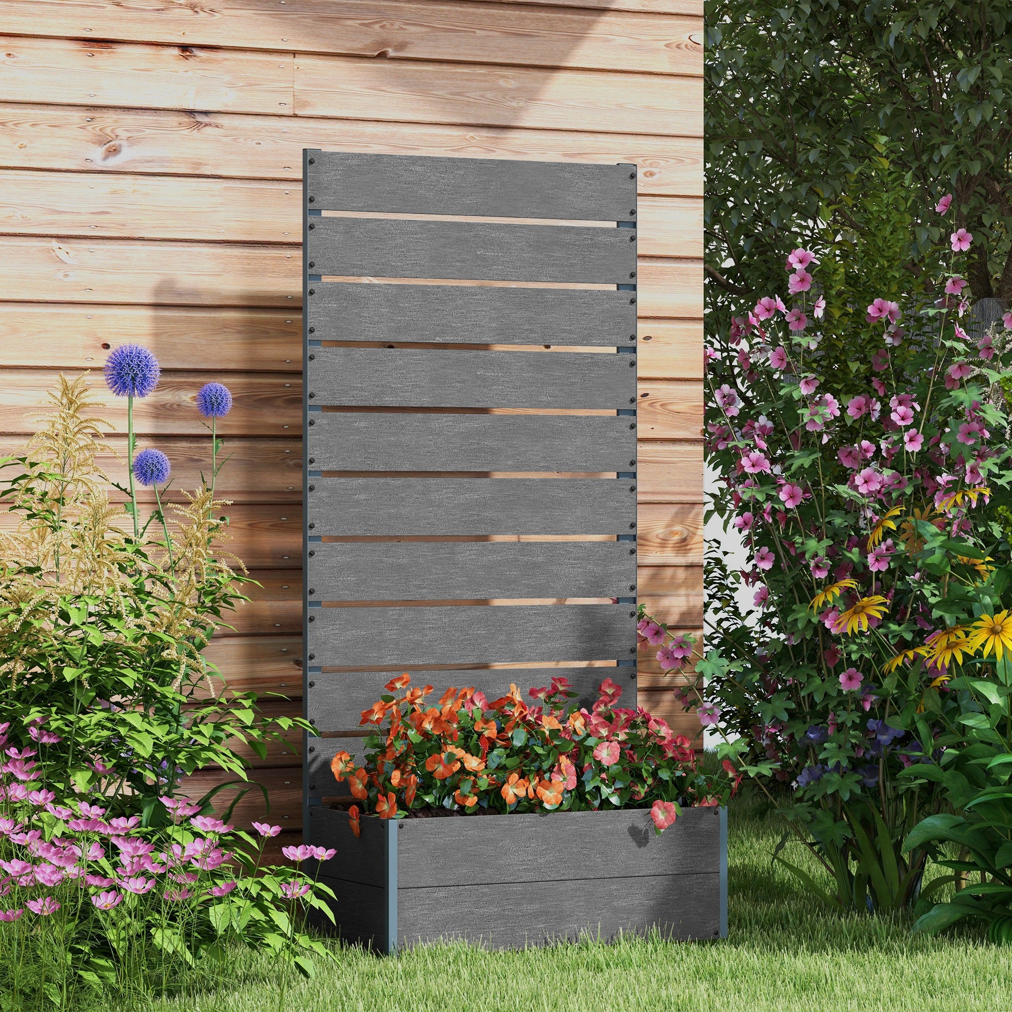 Outsunny Raised Garden Bed With Trellis And Drainage Hole, Planter Box - Brown/Grey - Image 11