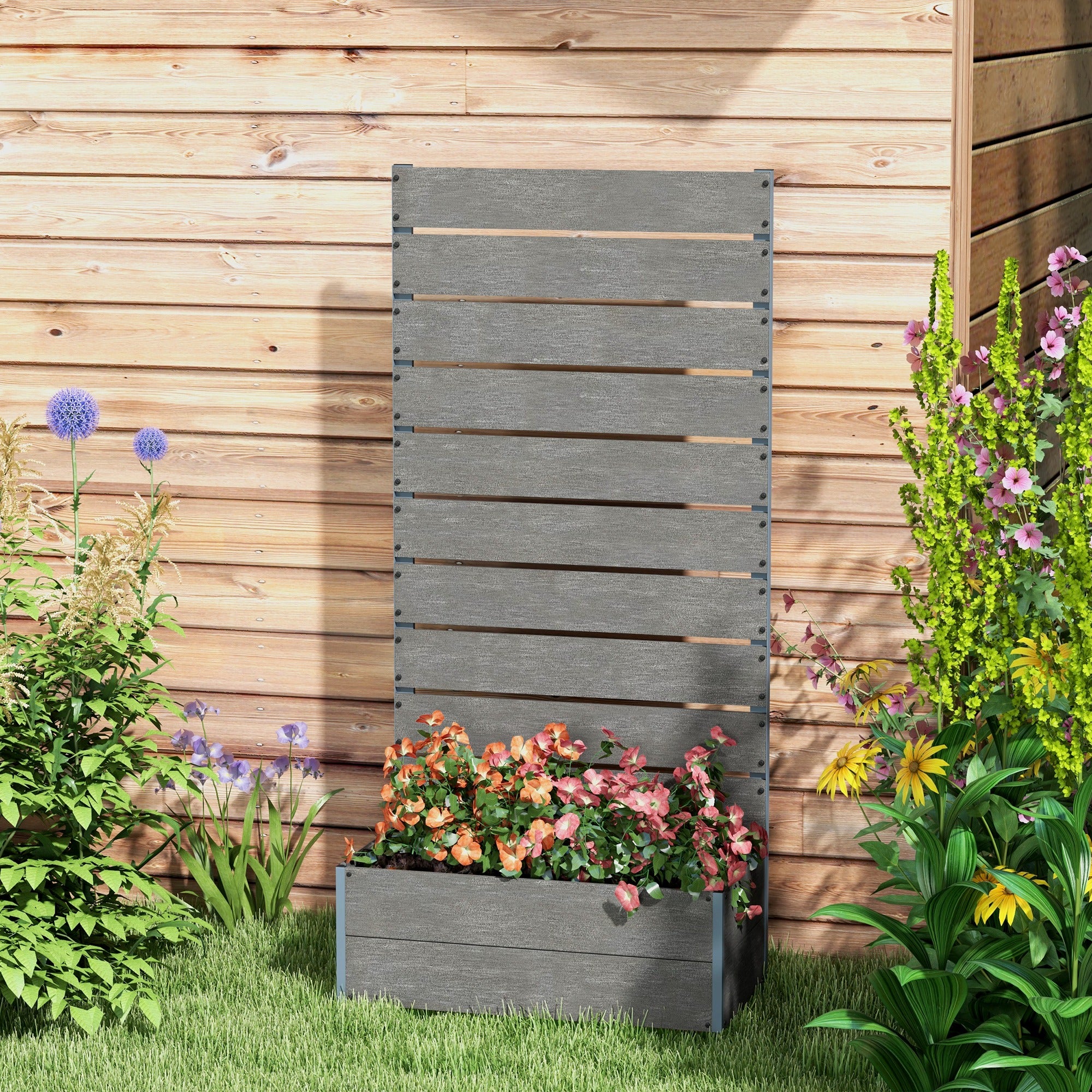 Outsunny Raised Garden Bed With Trellis And Drainage Hole, Planter Box - Brown/Grey - Image 16
