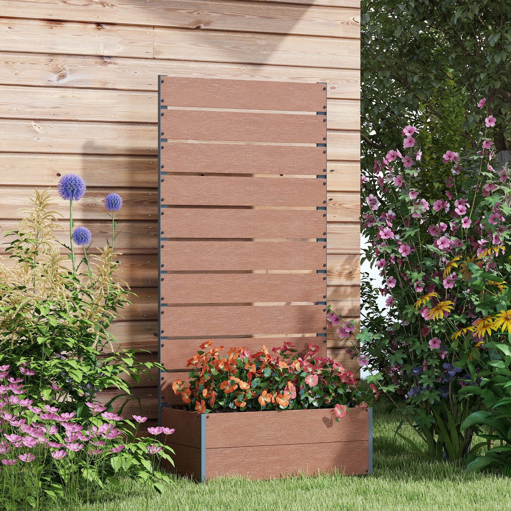 Outsunny Raised Garden Bed With Trellis And Drainage Hole, Planter Box - Brown/Grey - Image 2
