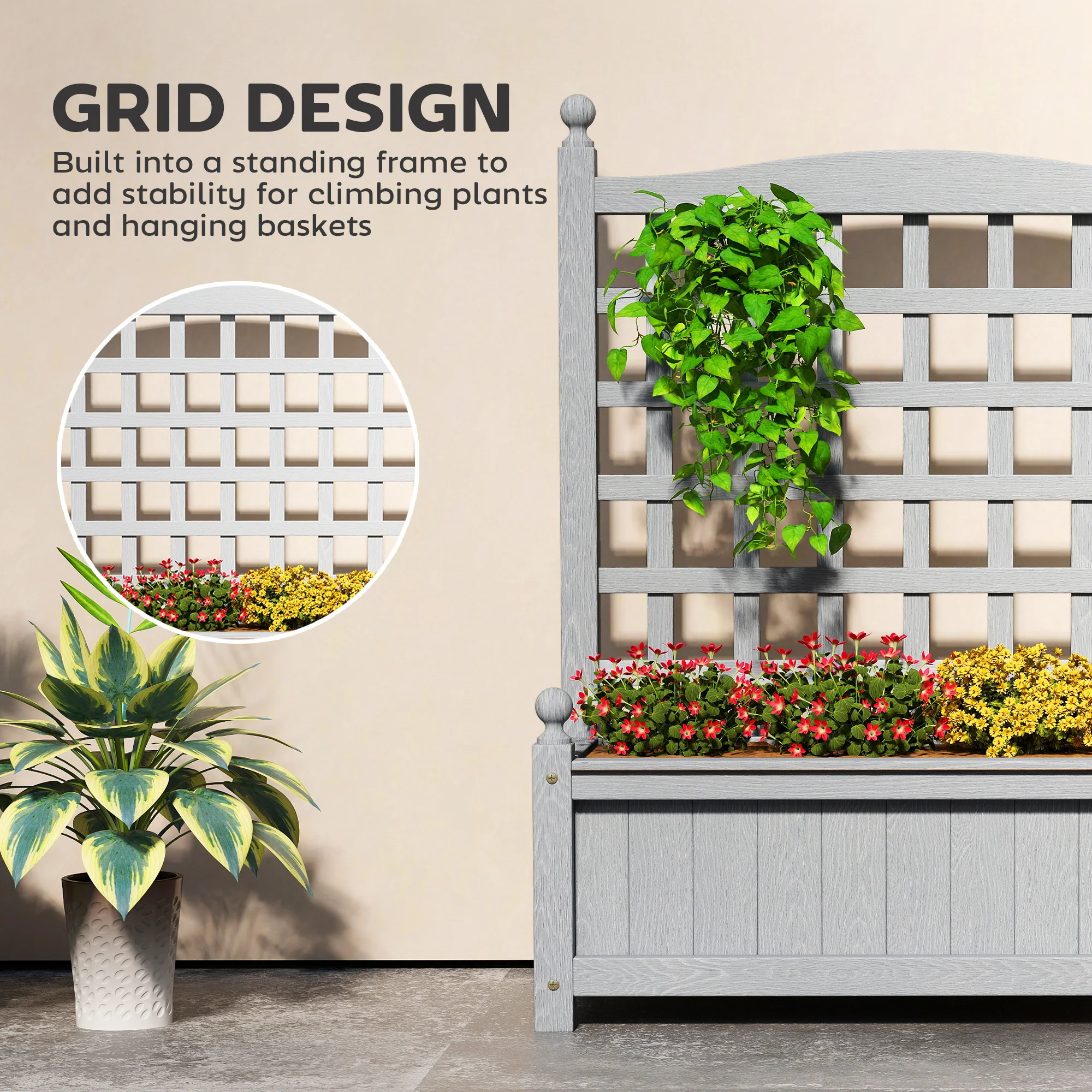 Outsunny Raised Garden Bed with Trellis Garden Planters Indoor Grey - Image 3