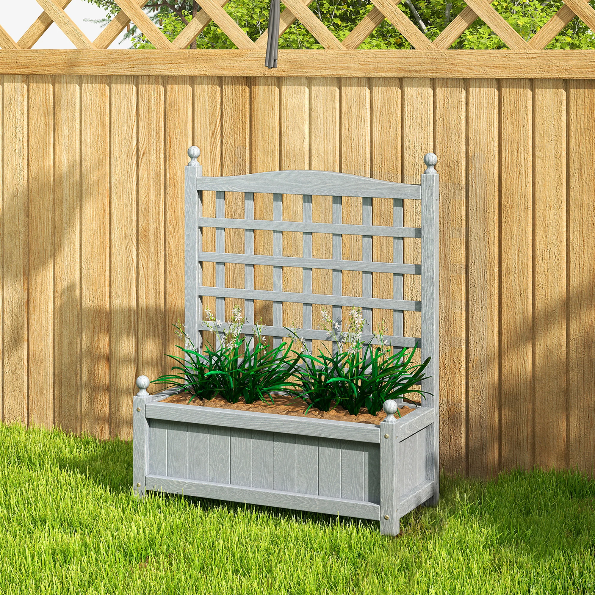 Outsunny Raised Garden Bed with Trellis Garden Planters Indoor Grey - Image 7