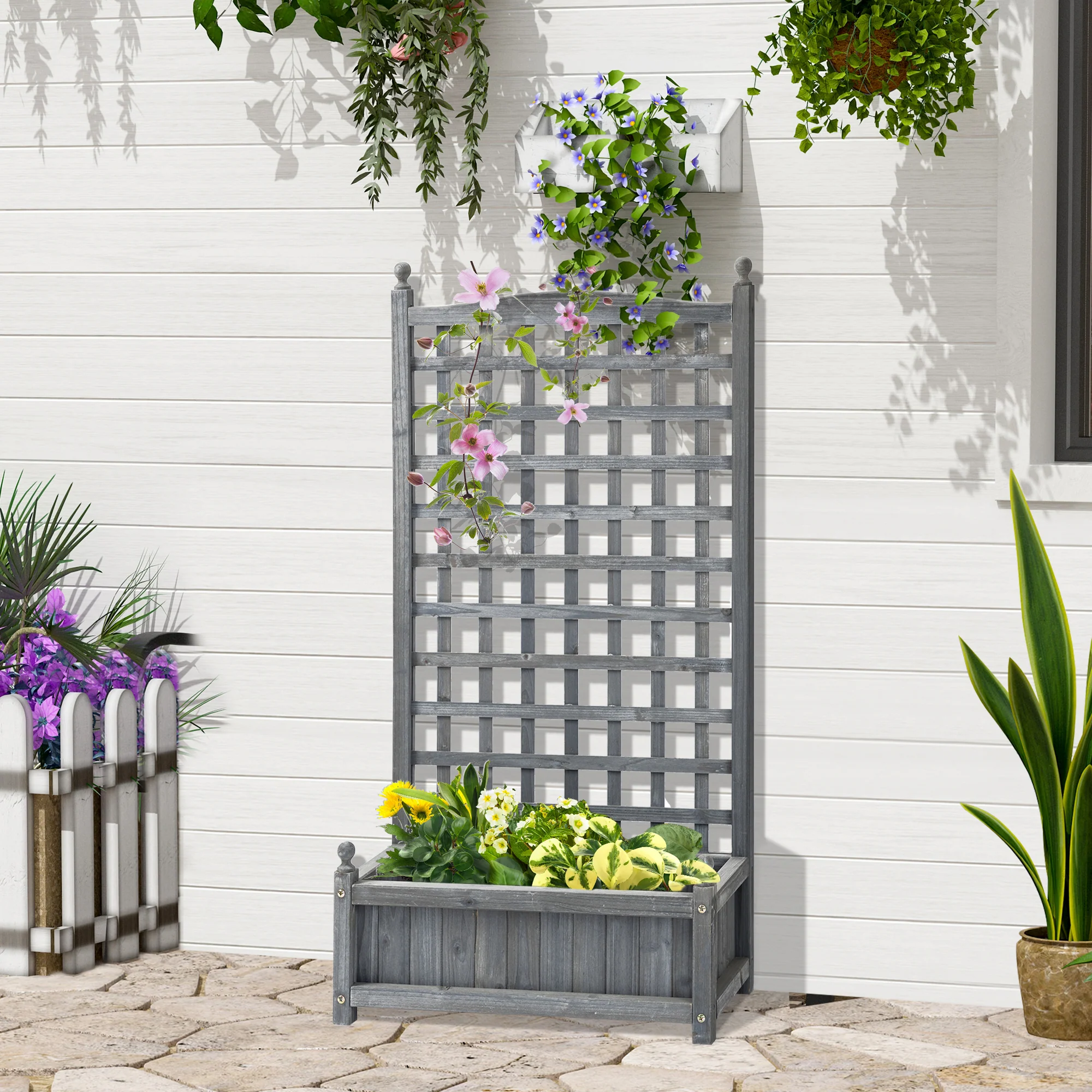 Outsunny Raised Garden Bed with Trellis Garden Planters Indoor Grey - Image 2