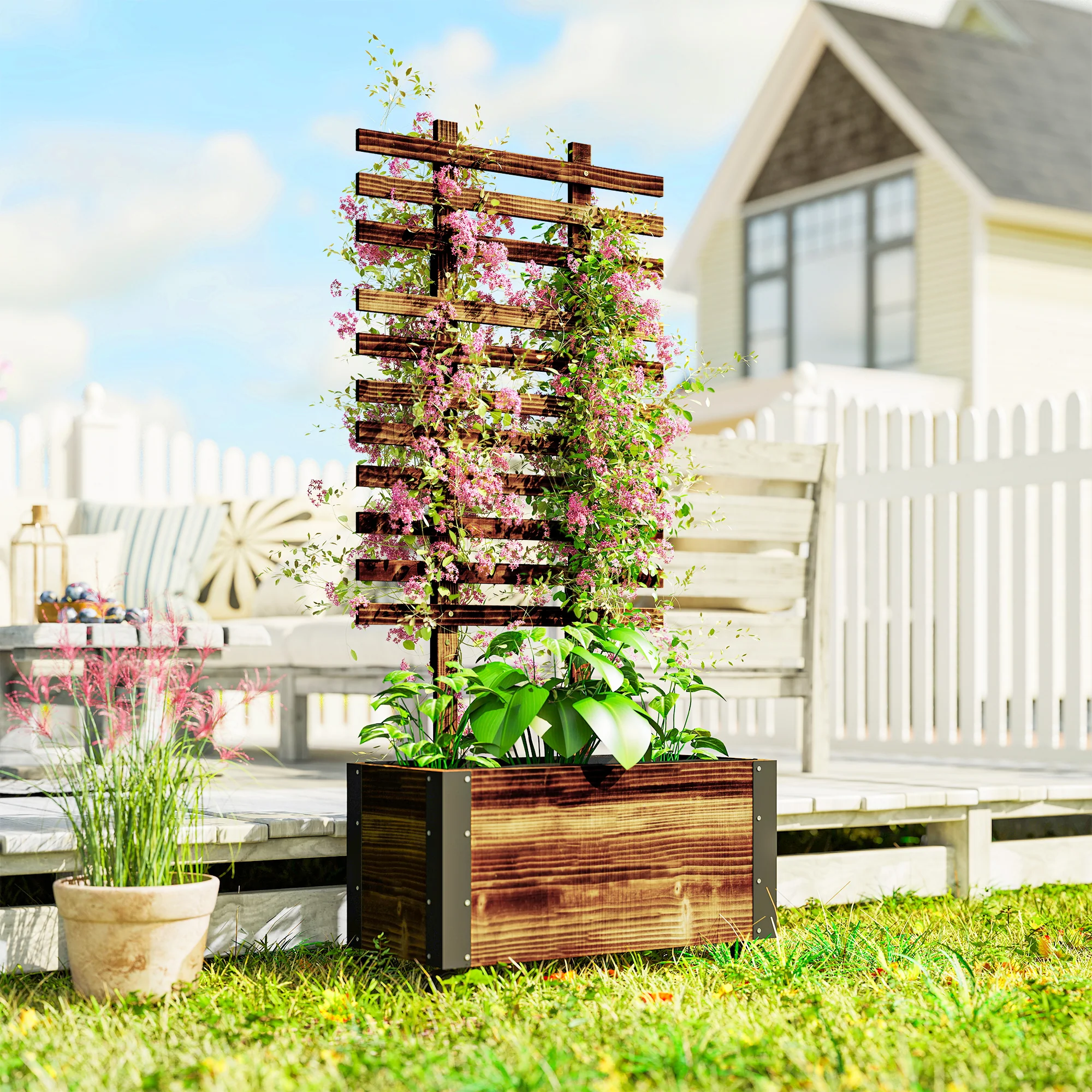 Outsunny Raised Garden Bed, Wooden Planter with Trellis and Wheels - Image 2
