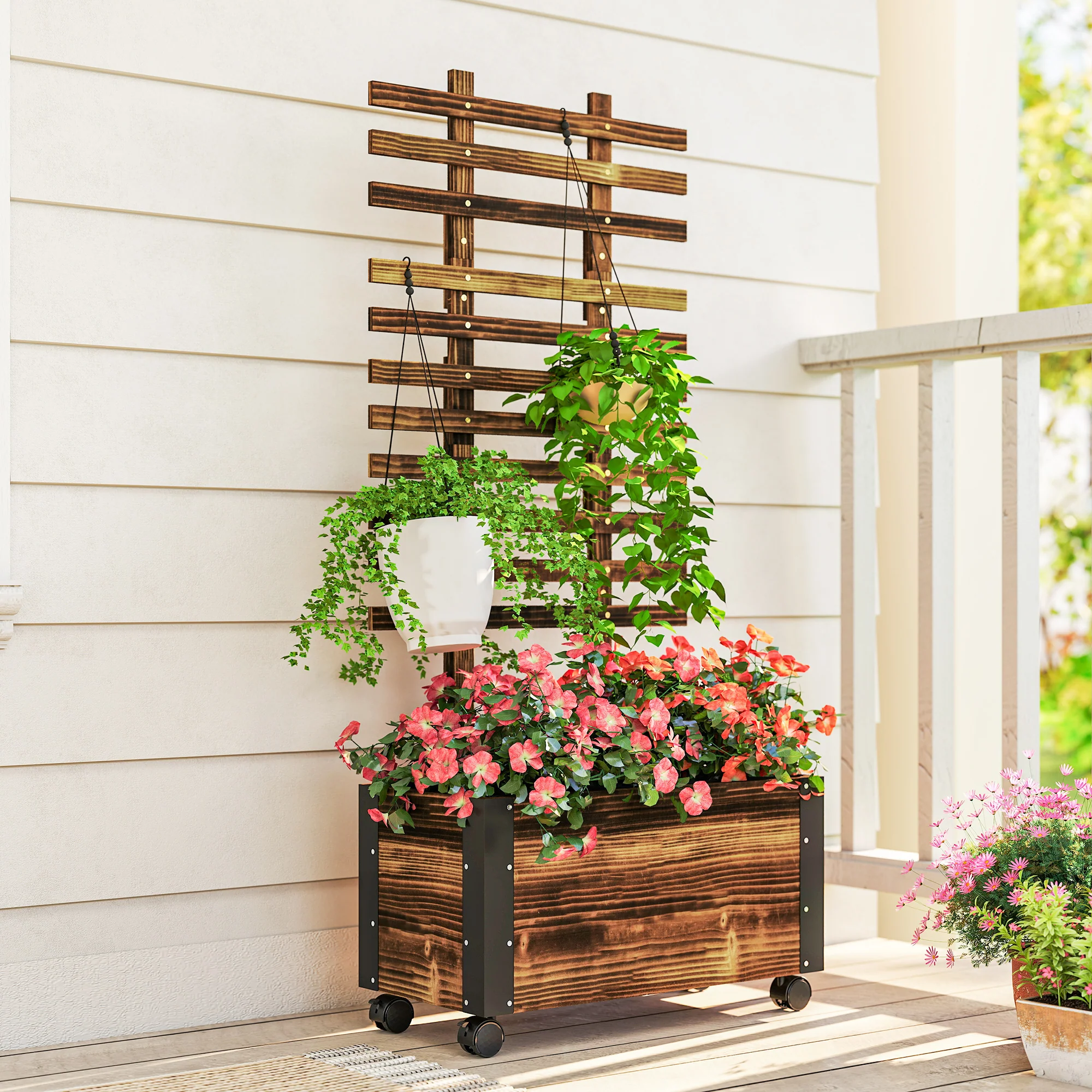 Outsunny Raised Garden Bed, Wooden Planter with Trellis and Wheels - Image 8