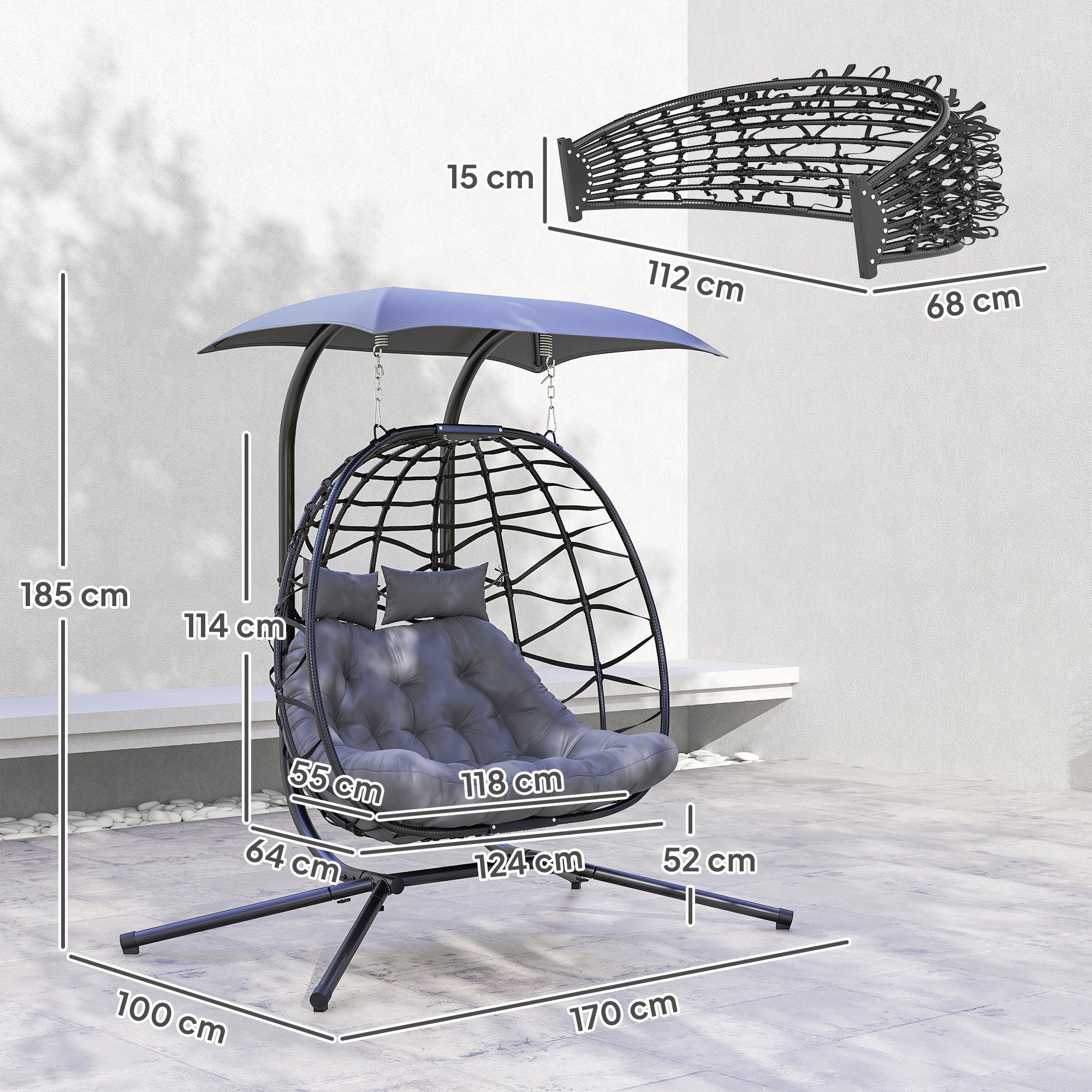 Outsunny Rattan Double Hanging Egg Chair with Canopy, Cushion, Black - Image 5