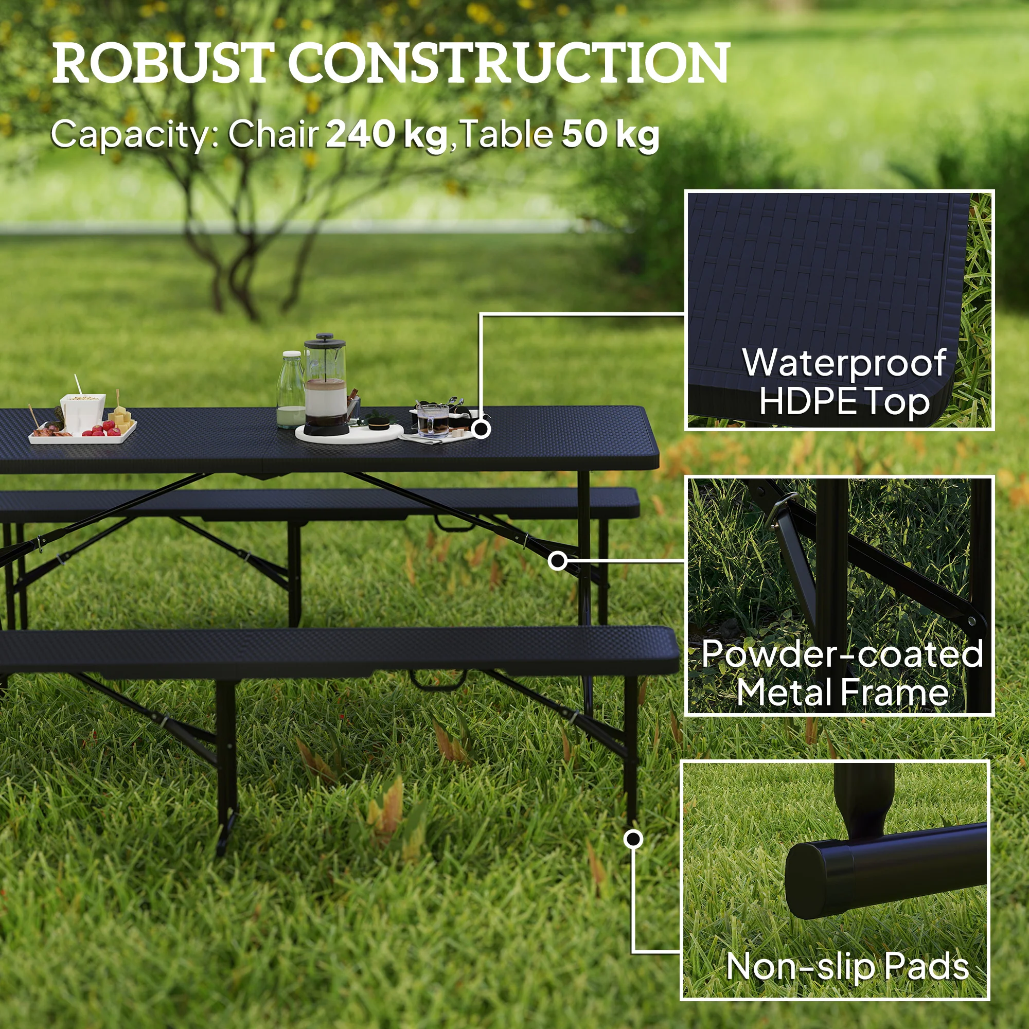 Outsunny Effect Folding Picnic Table and Bench Set w/ Handles, Black - Image 4