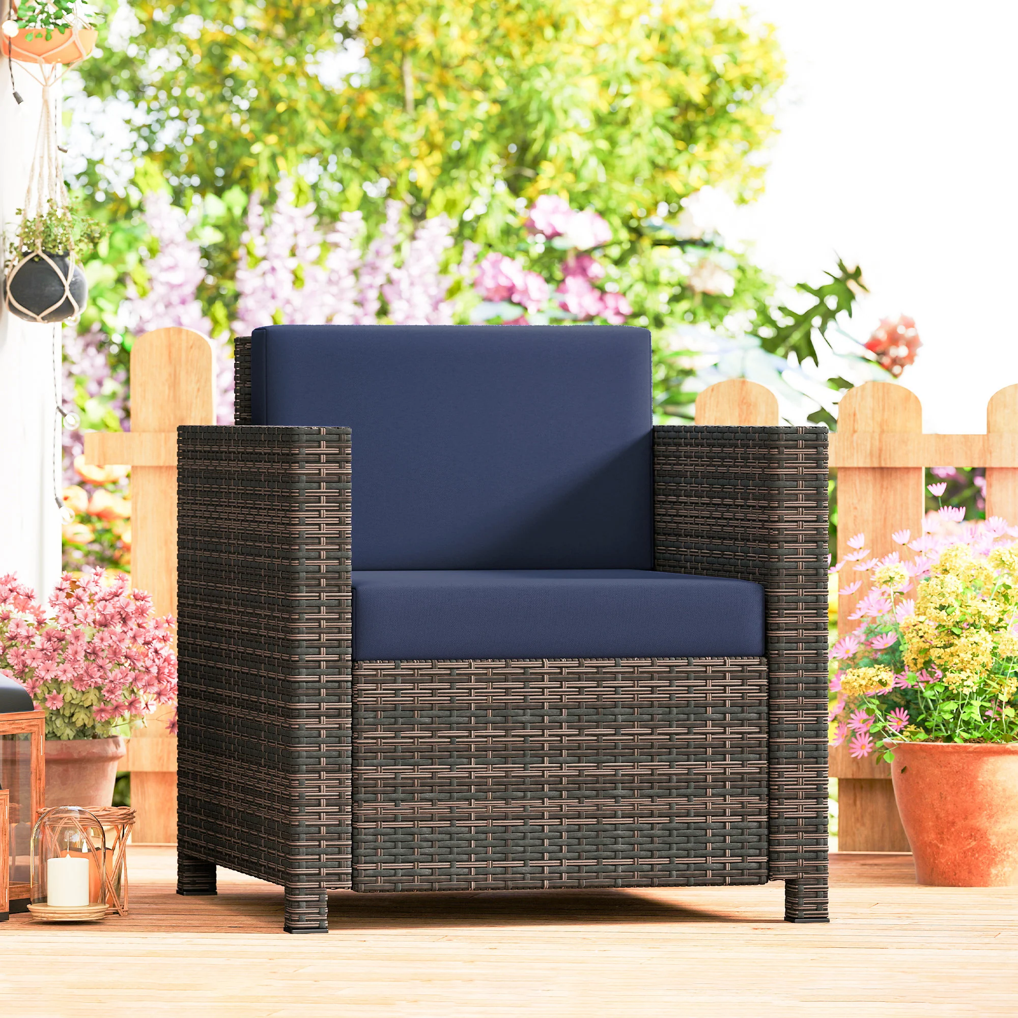 Outsunny Rattan Garden Armchair, Cushioned Single Rattan Chair, Brown/Blue - Image 2
