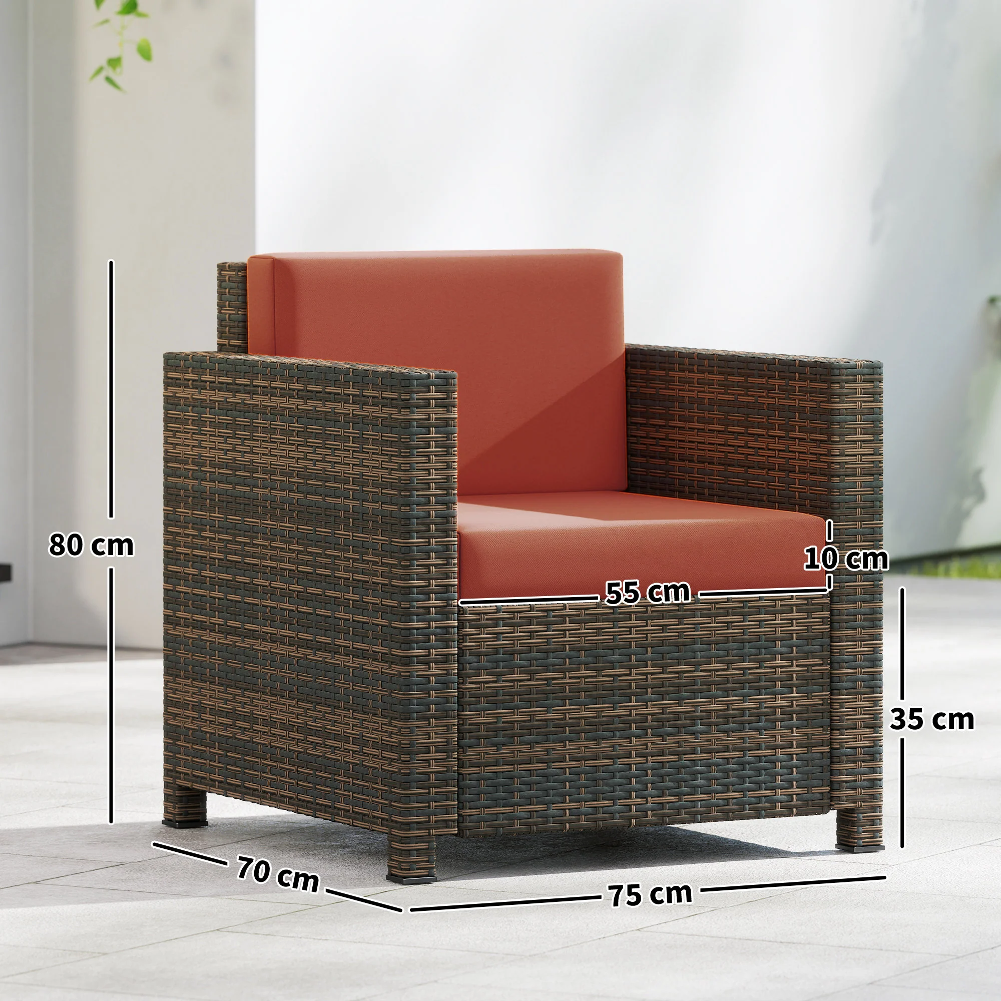 Outsunny Rattan Garden Armchair, Cushioned Single Rattan Chair, Brown/Orange - Image 5