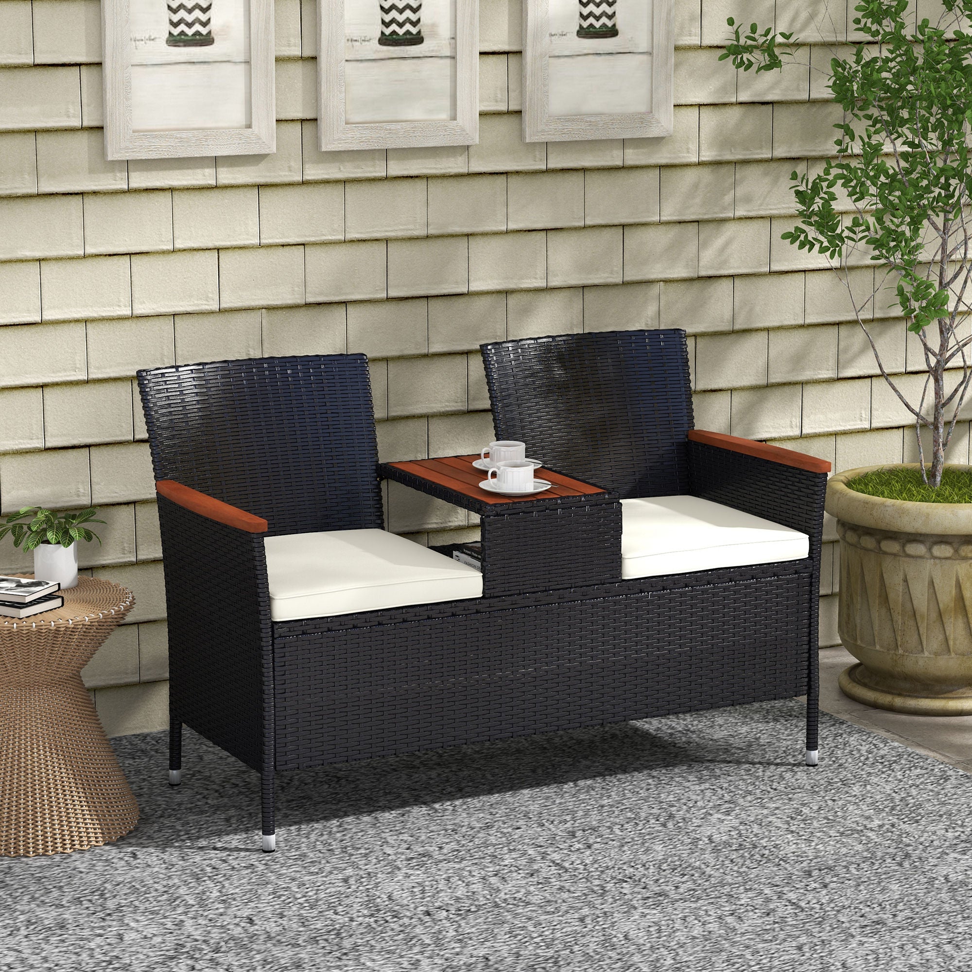 Outsunny Rattan Garden Bench w/ Wood Top Table, Wicker Chair w/ Cushions, Black - Image 2