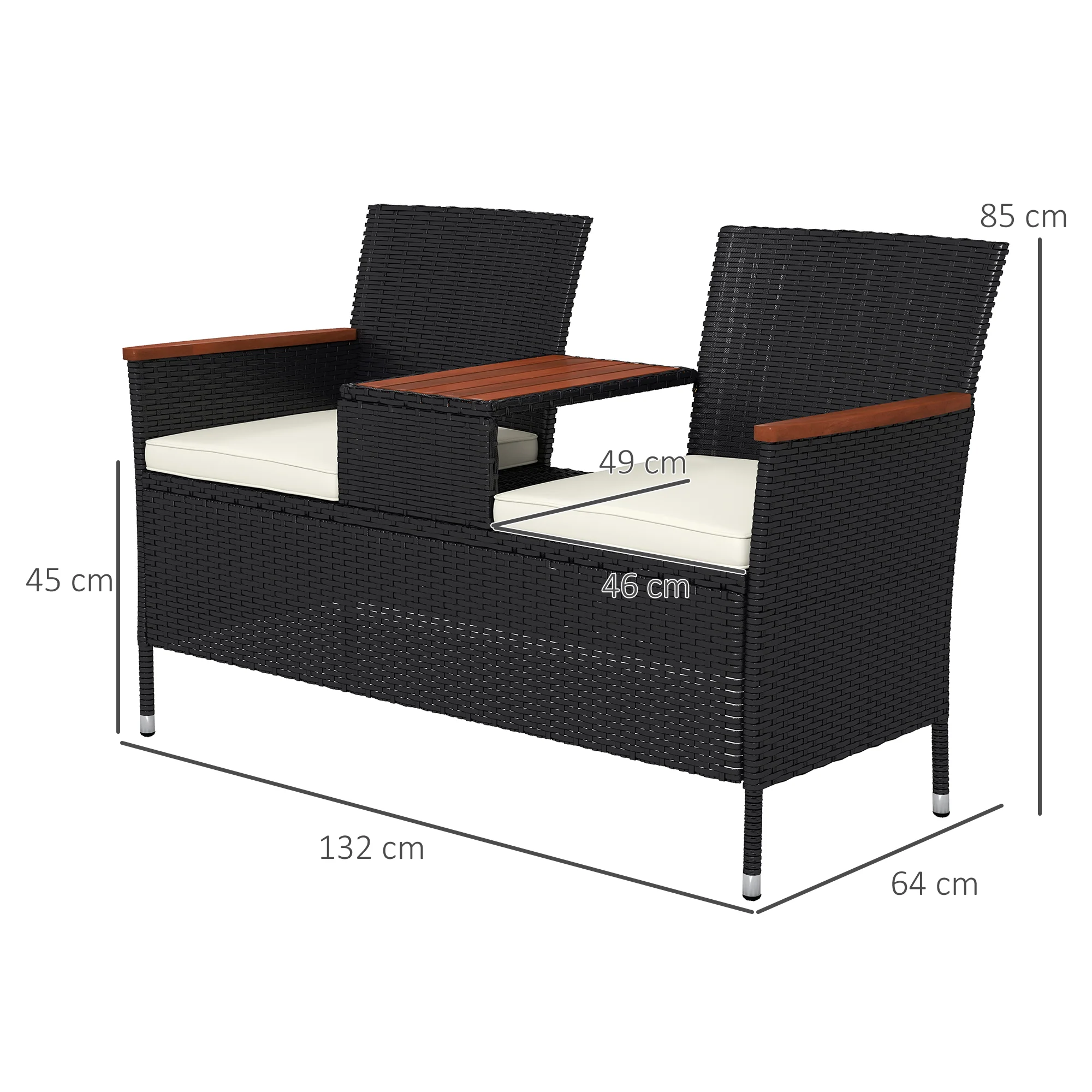Outsunny Rattan Garden Bench w/ Wood Top Table, Wicker Chair w/ Cushions, Black - Image 5