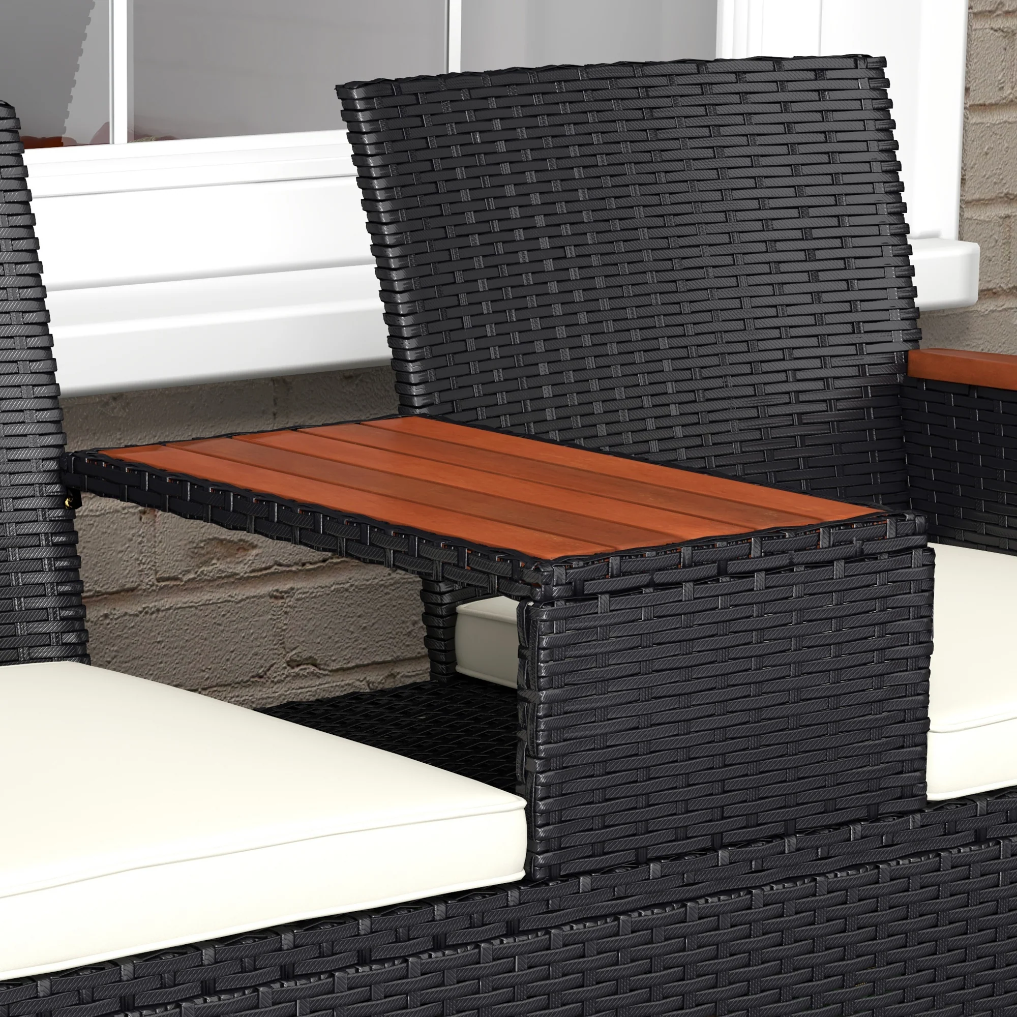 Outsunny Rattan Garden Bench w/ Wood Top Table, Wicker Chair w/ Cushions, Black - Image 9