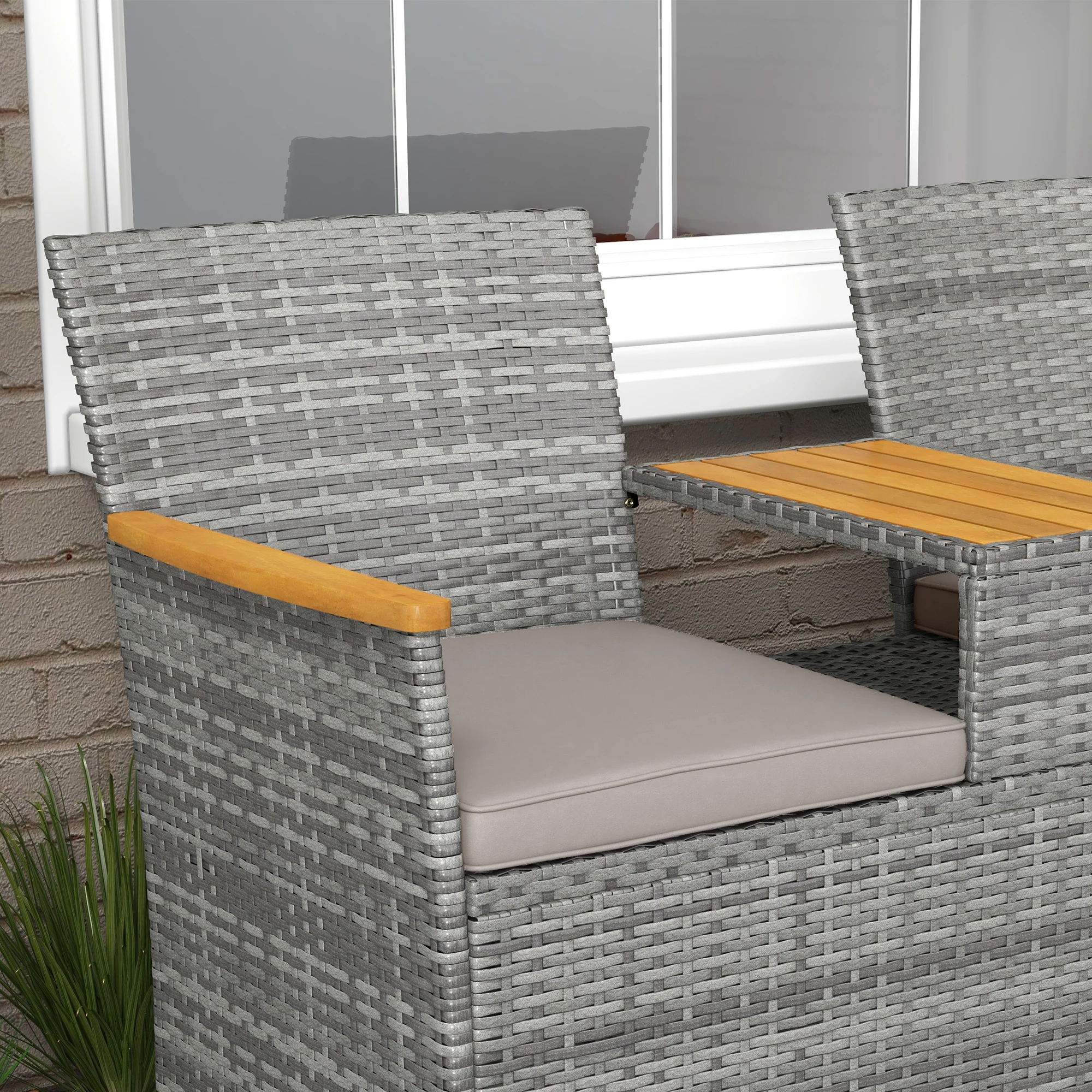 Outsunny Rattan Garden Bench w/ Wood Top Table, Wicker Chair w/ Cushions, Grey - Image 9