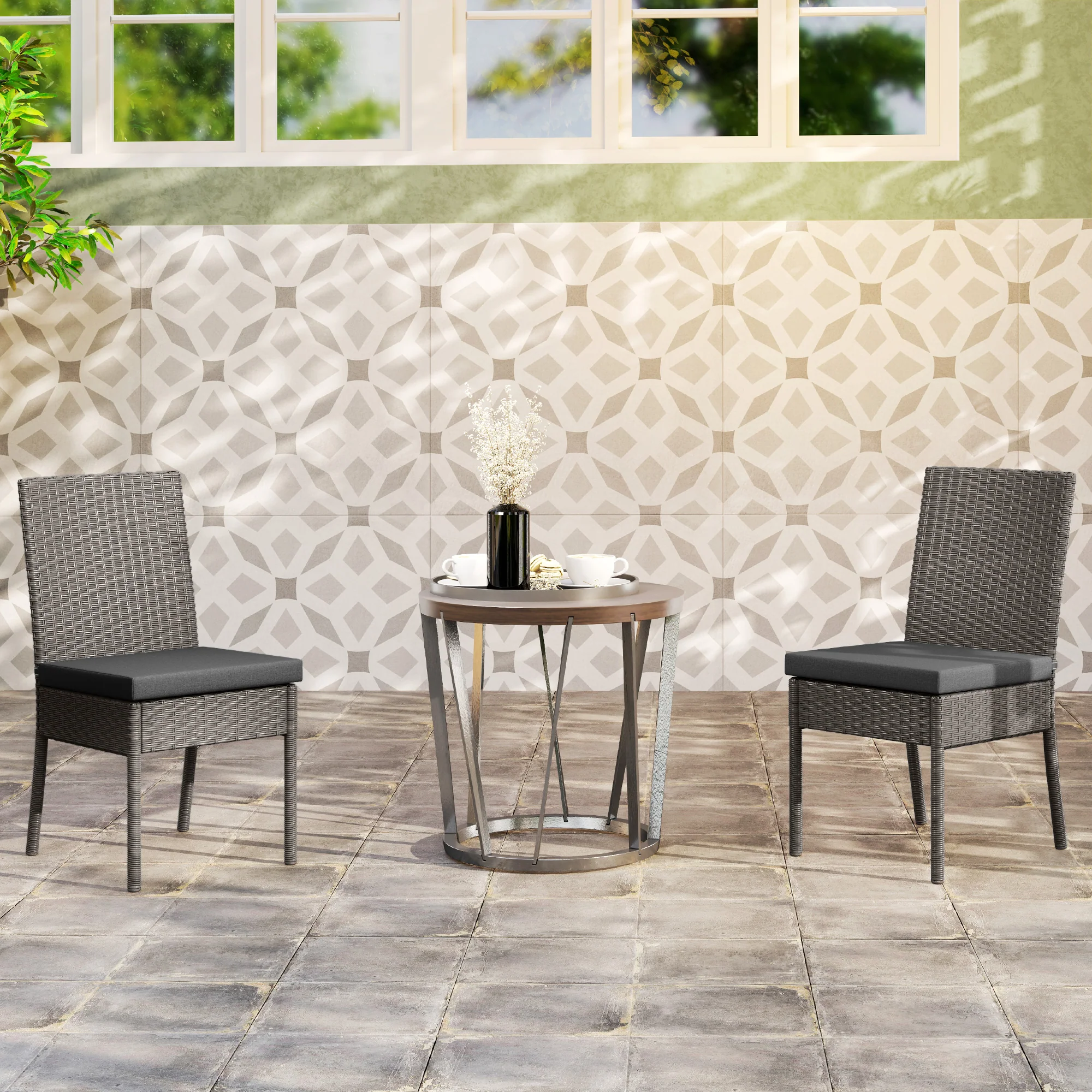 Outsunny Rattan Garden Chairs With Cushion, Wicker Dining Chairs, Grey - Image 2