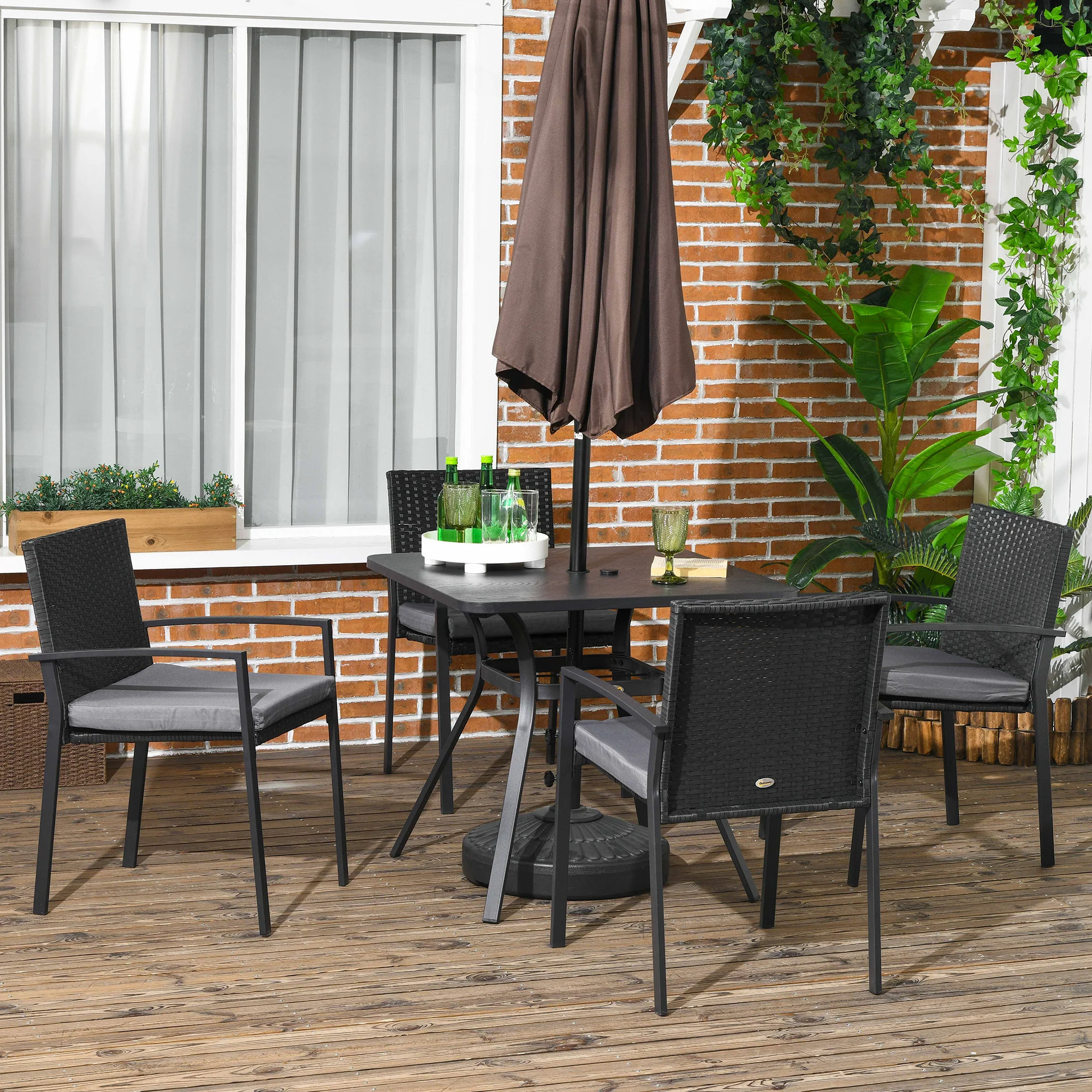 Outsunny Rattan Garden Dining Set for 4 with Cushions Umbrella Hole, Black - Image 2