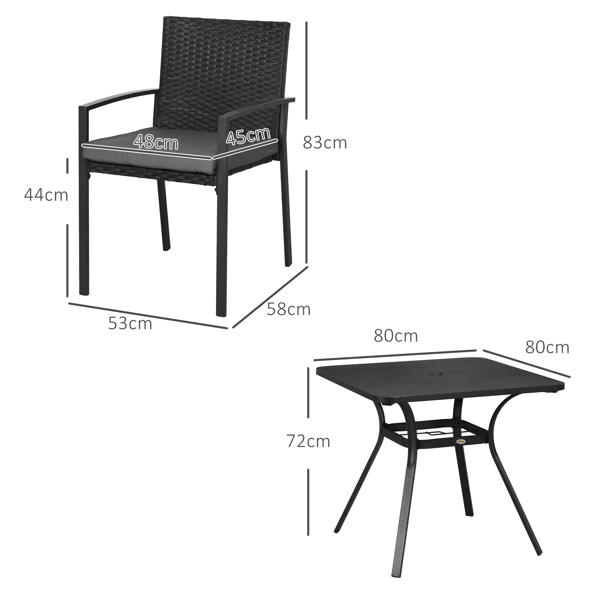 Outsunny Rattan Garden Dining Set for 4 with Cushions Umbrella Hole, Black - Image 5