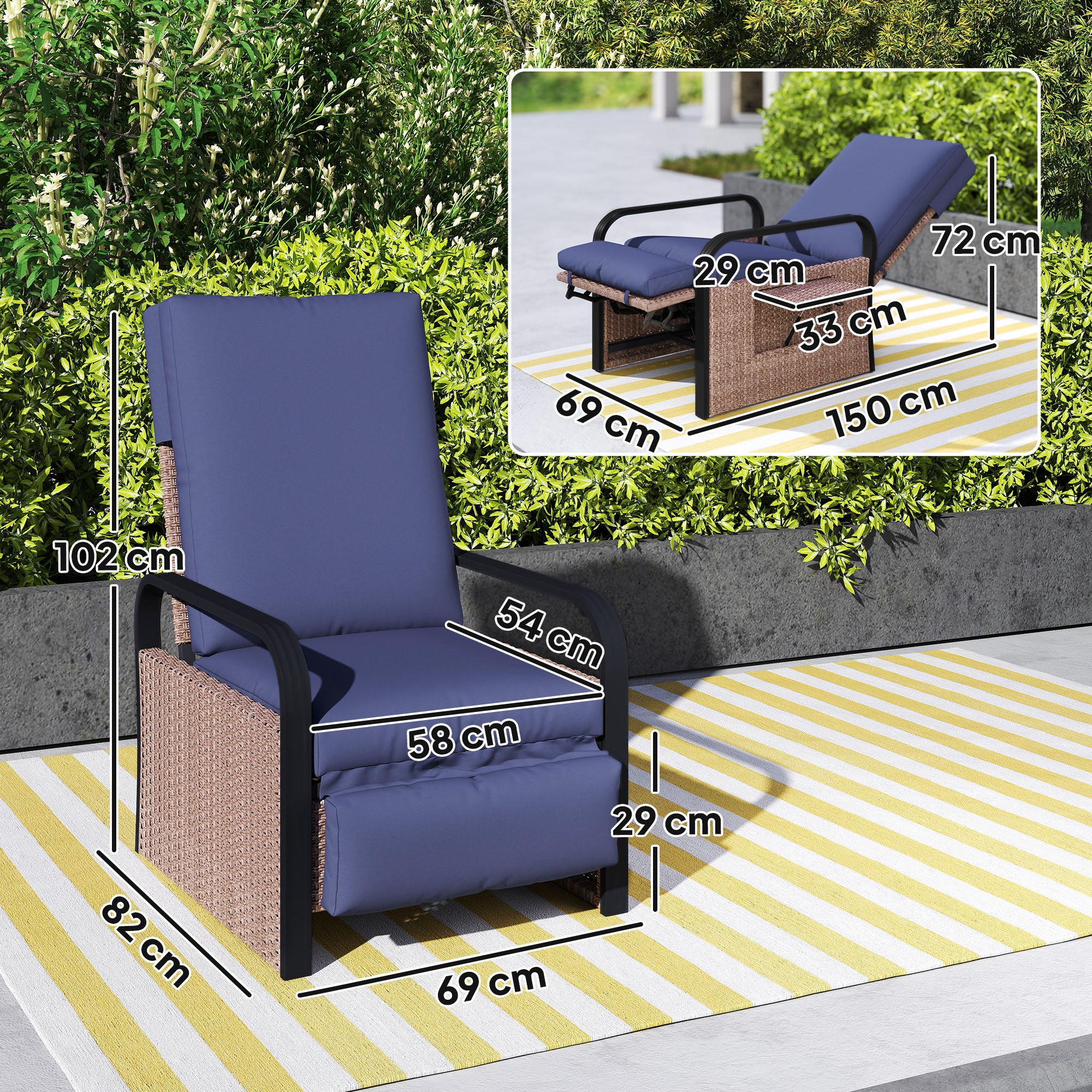 Outsunny Rattan Garden Recliner Chair Sun Lounger w/ Side Tray - Image 5