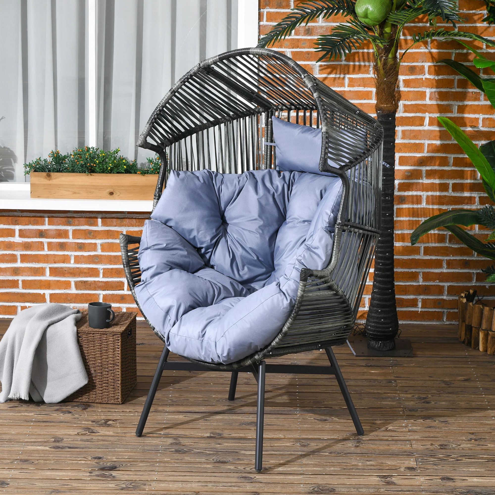 Outsunny Rattan Leisure Chair w/ Cushion, Garden Egg Chair with Headrest - Image 2