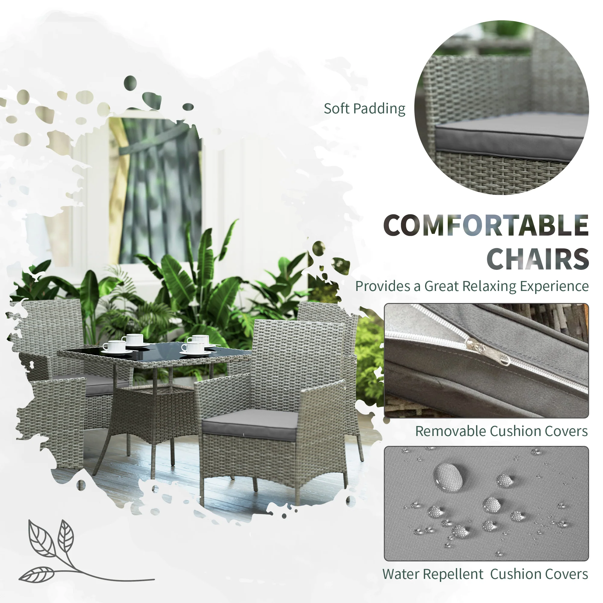 Outsunny Rattan Outdoor Dining Table and Chairs for 4, Light Grey - Image 4