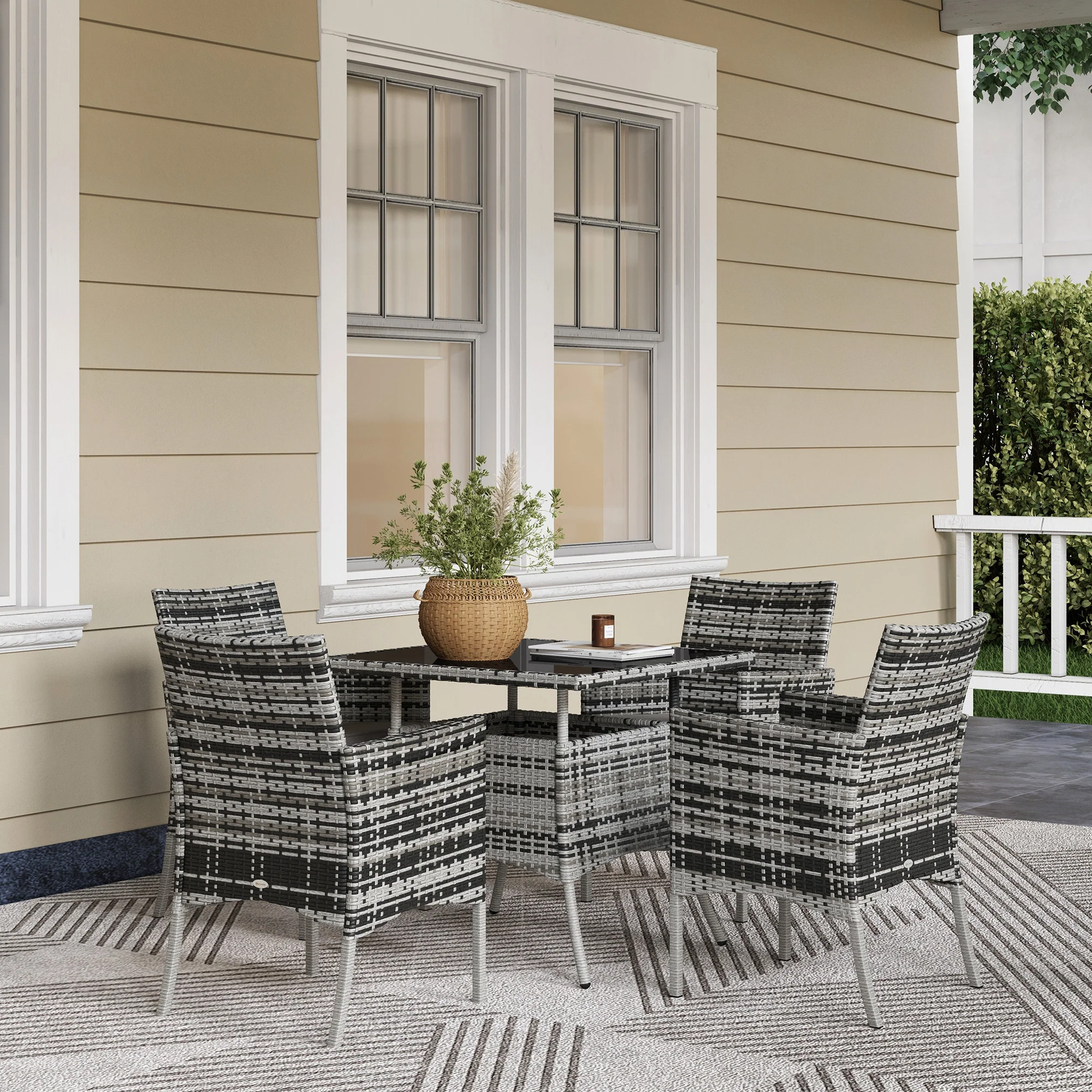 Outsunny Rattan Outdoor Dining Table and Chairs for 4 with Cushions, Grey - Image 2