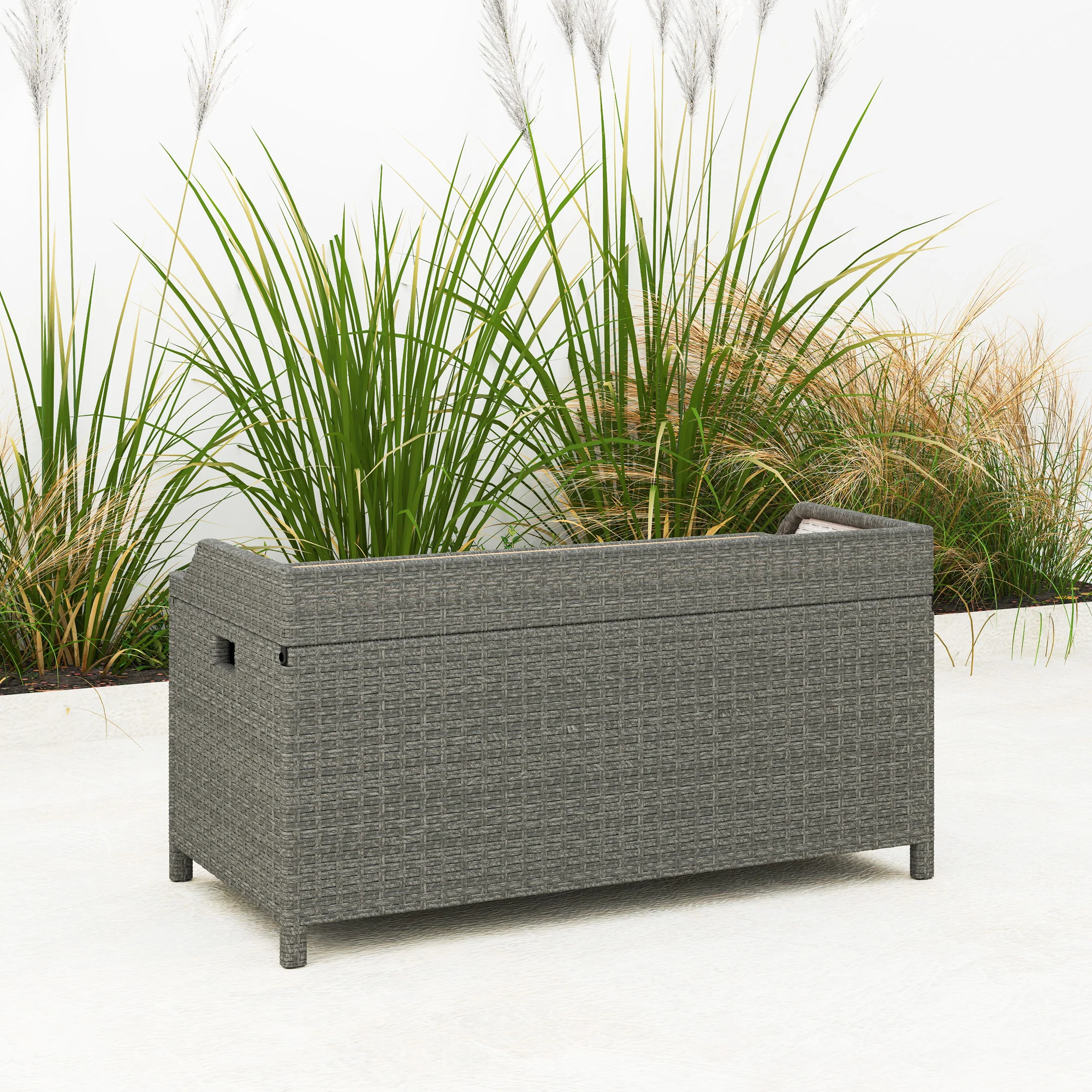 Outsunny Rattan Outdoor Storage Bench with Aluminium Frame, Grey - Image 8