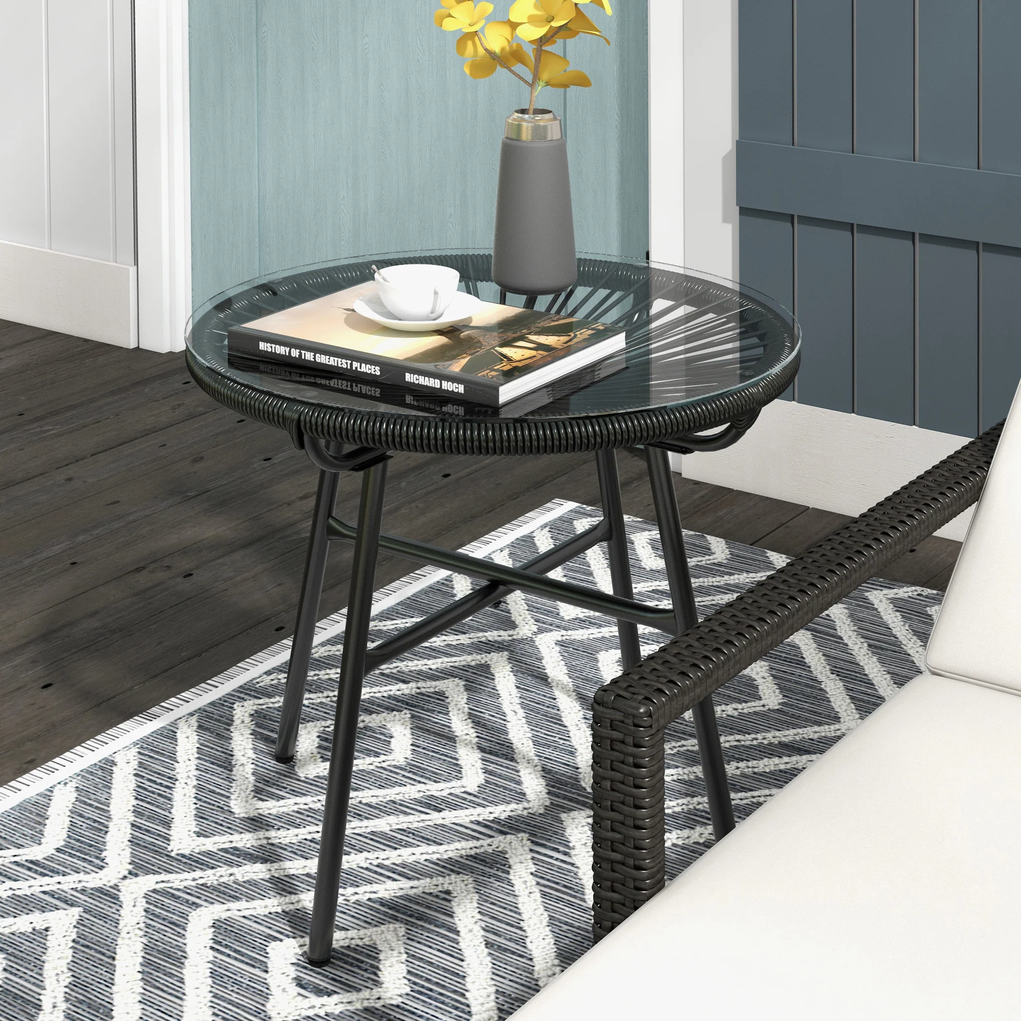 Outsunny Rattan Side Table W/ Tempered Glass Tabletop, Black - Image 11