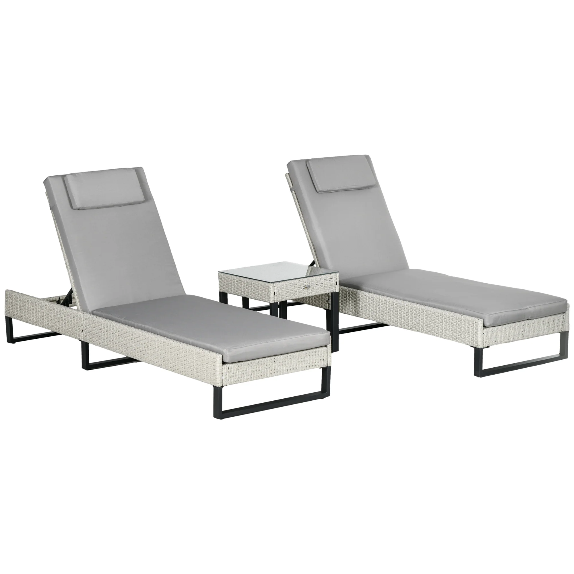 Outsunny Rattan Sun Lounger Set w/ Cushions, 5-Level Chaise Lounge Chairs, Grey