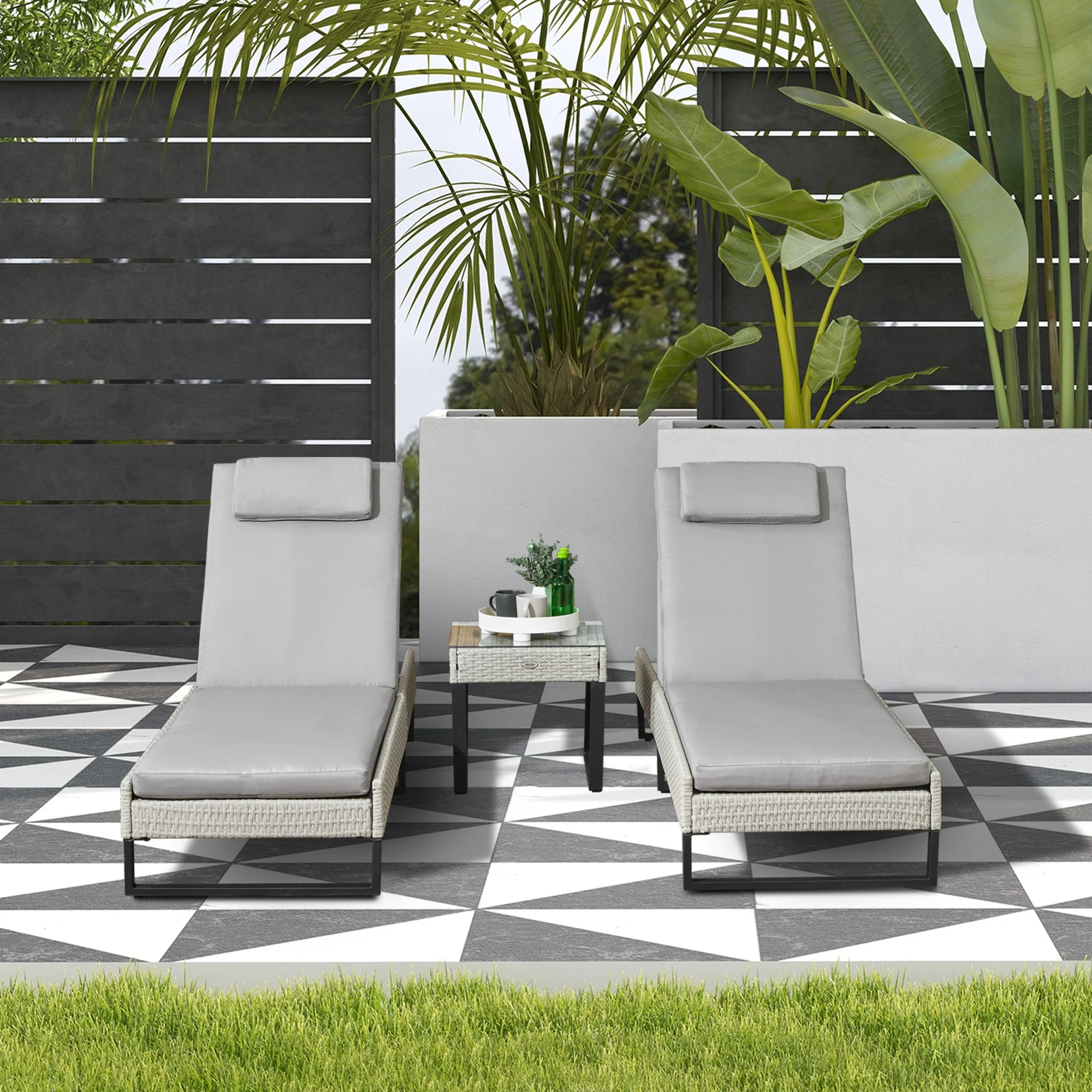 Outsunny Rattan Sun Lounger Set w/ Cushions, 5-Level Chaise Lounge Chairs, Grey - Image 2