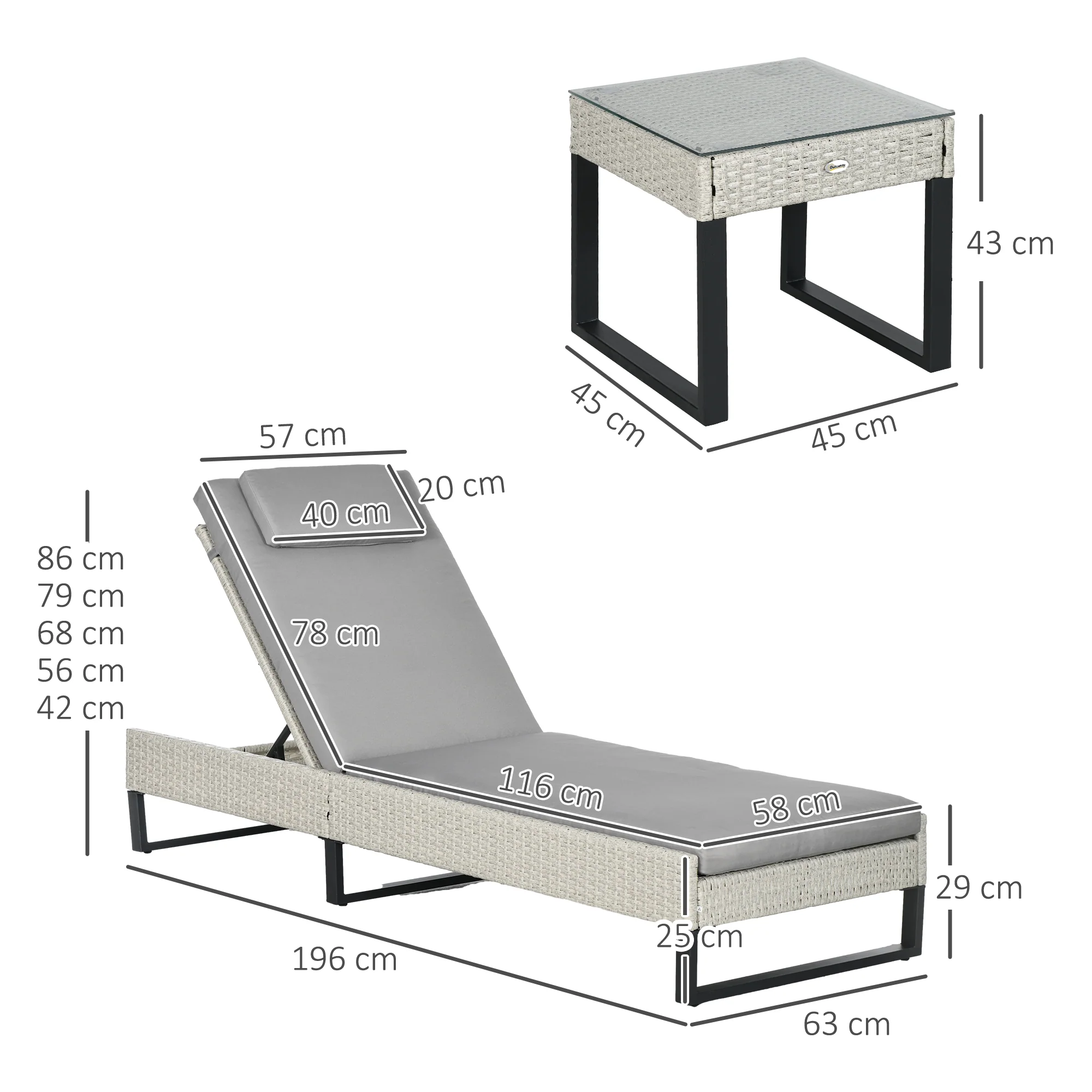 Outsunny Rattan Sun Lounger Set w/ Cushions, 5-Level Chaise Lounge Chairs, Grey - Image 5