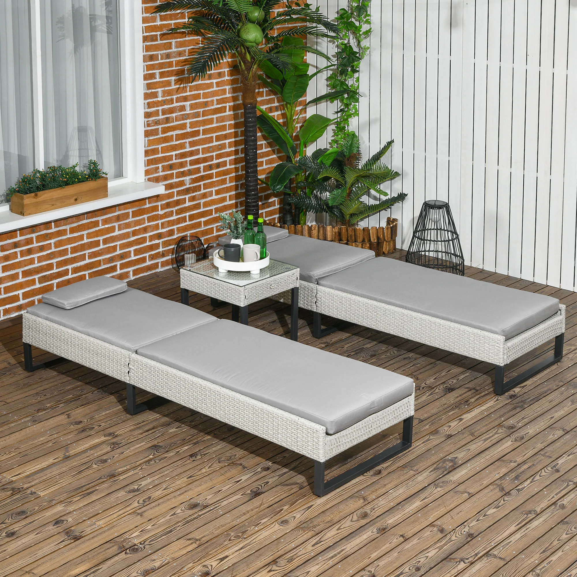 Outsunny Rattan Sun Lounger Set w/ Cushions, 5-Level Chaise Lounge Chairs, Grey - Image 8