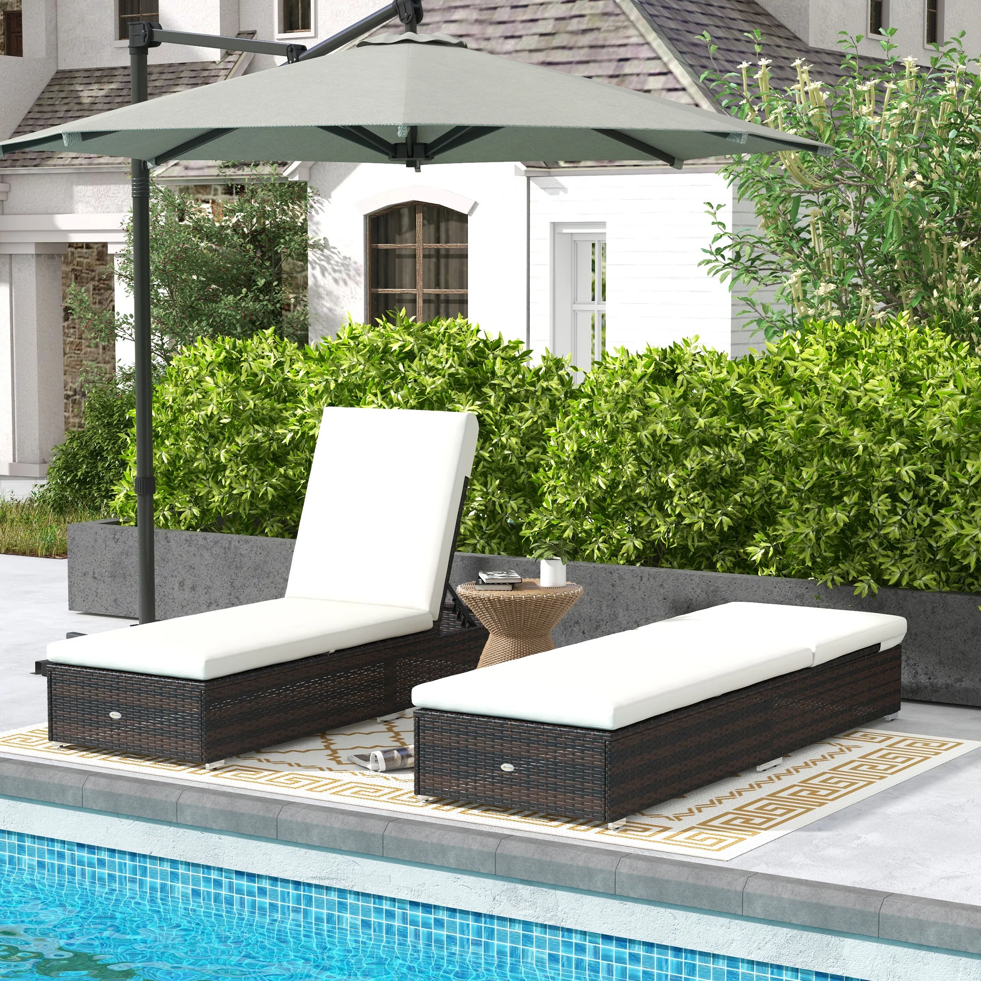 Outsunny Rattan Sun Loungers Set of 2, Recliner Chairs, Adjustable Back, Brown - Image 2