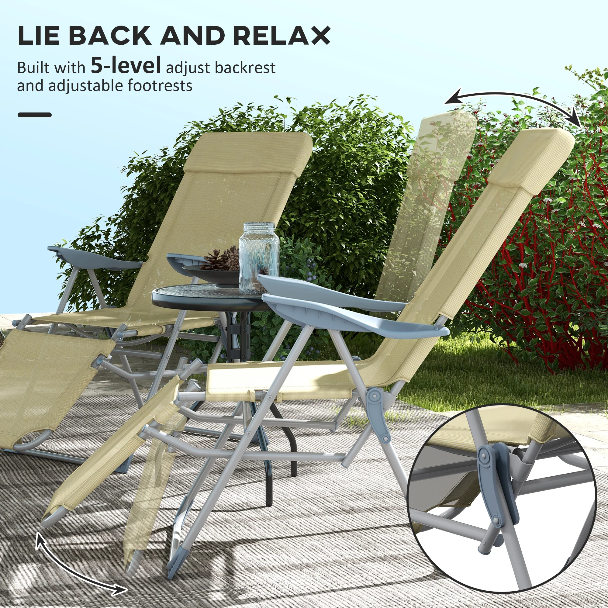 Outsunny Reclining Garden Chairs Set of 2 w/ 5-level Adjustable Backrest, Beige - Image 7