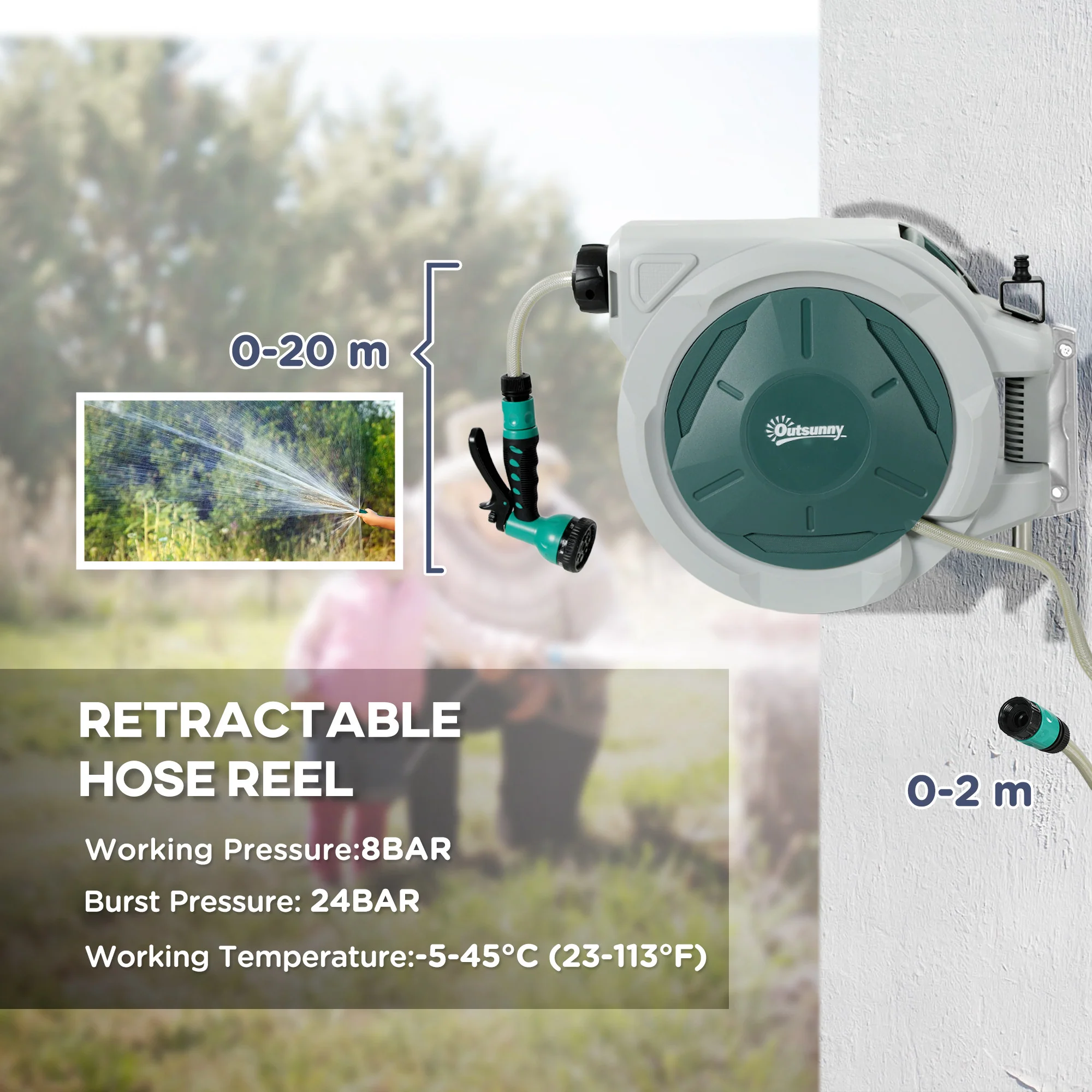 Outsunny Retractable Hose Reel Wall Mounted With Lock, Light Grey - Image 3