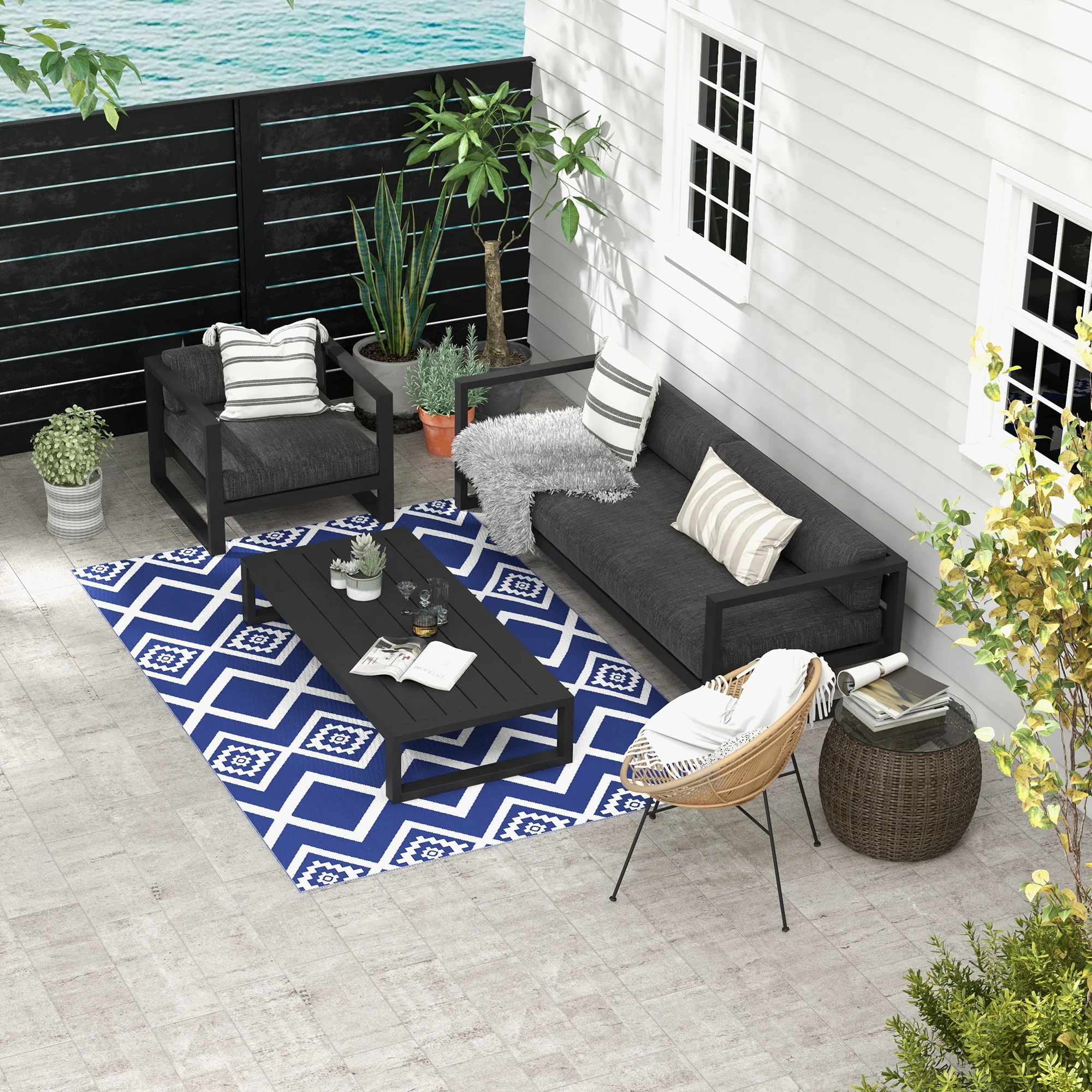 Outsunny Reversible Waterproof Outdoor Rug W/ Carry Bag, 182 x 274cm, Blue - Image 2
