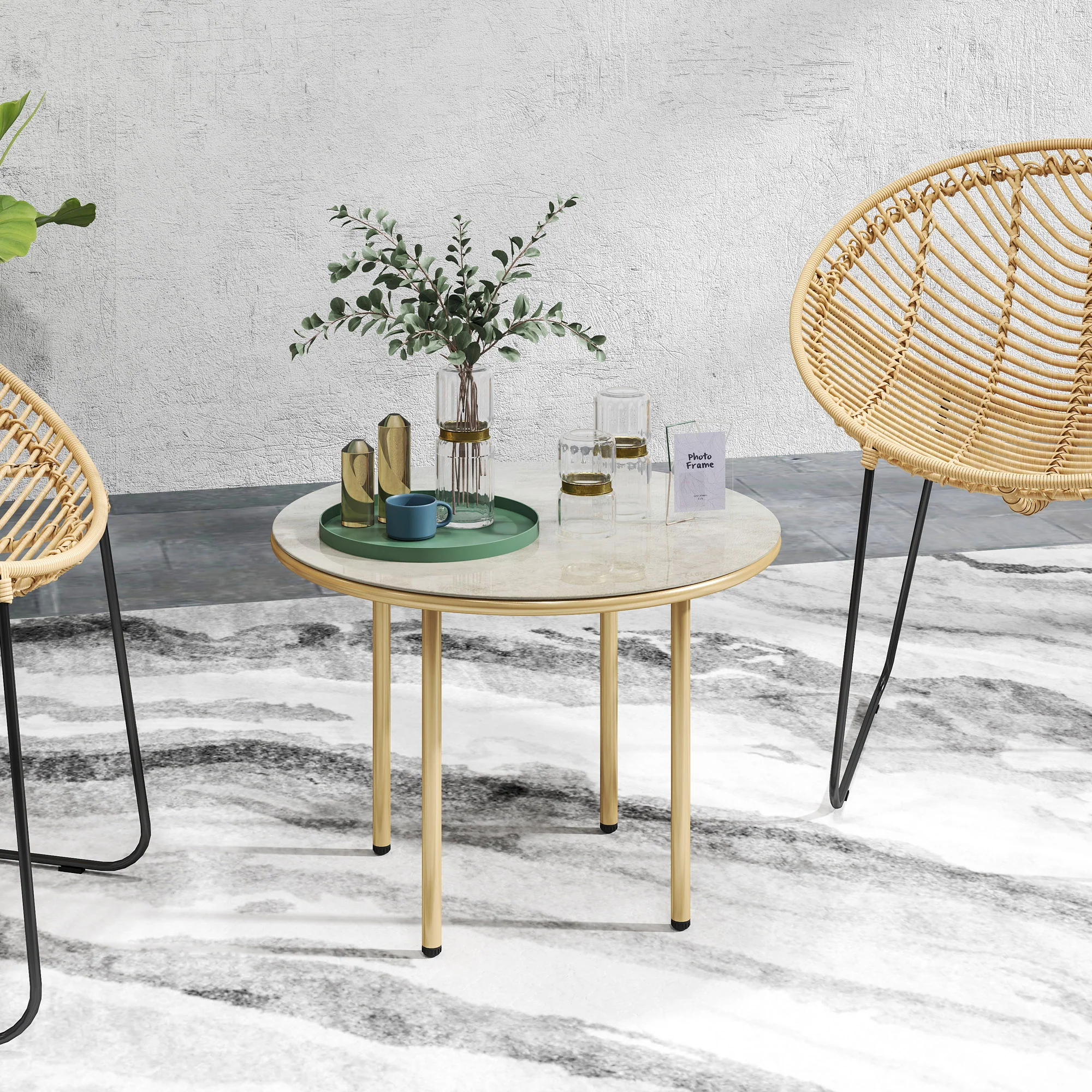 Outsunny Round Small Garden Table with Faux Marble Glass Top, Beige - Image 2